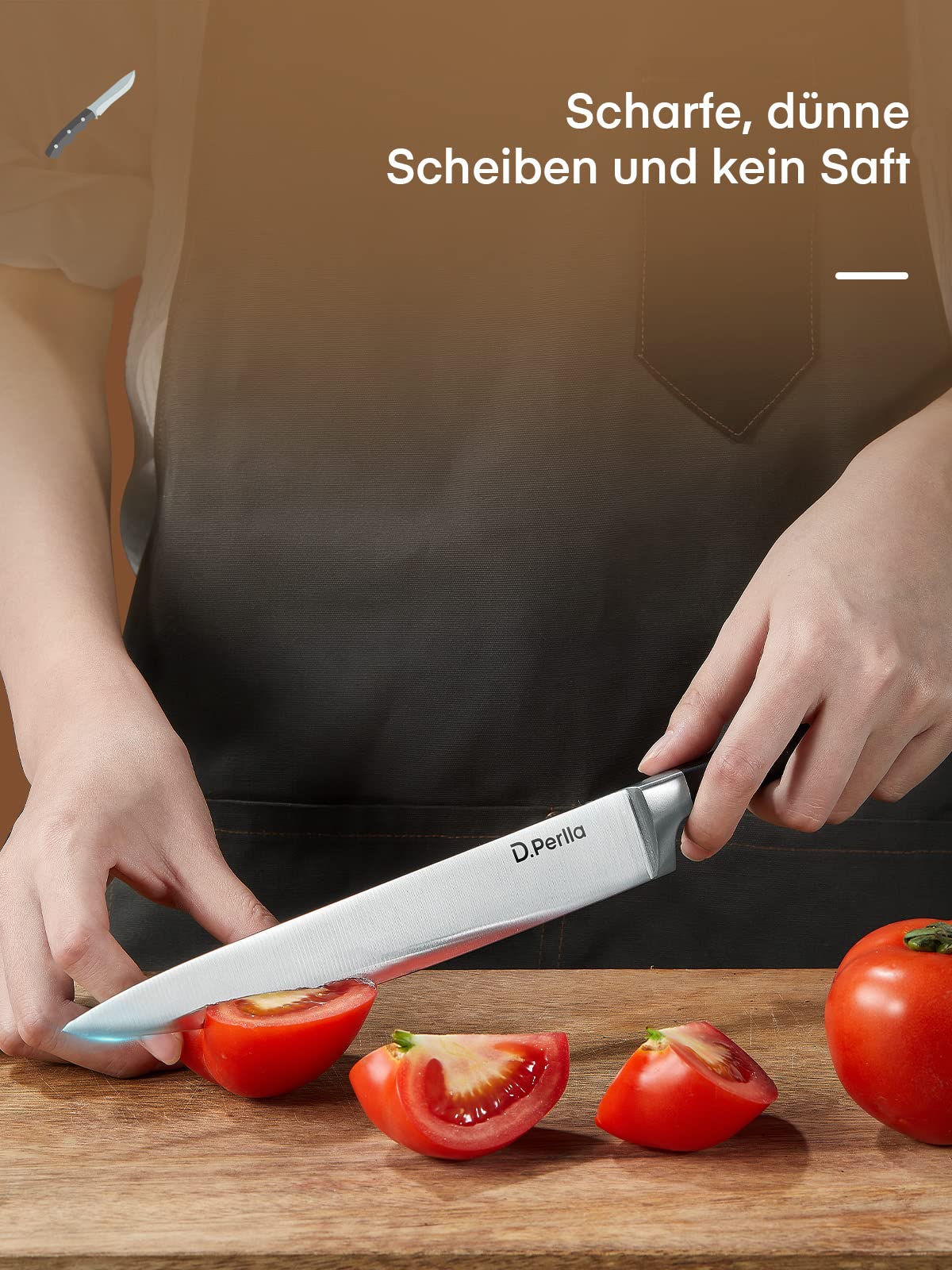 D.Perlla Messerblock Set, 6 teilig Messerset mit Holzblock, Kochmesser Set mit Scharfe Klingen, Edelstahl mit Hohem Kohlenstoffgehalt, Braun