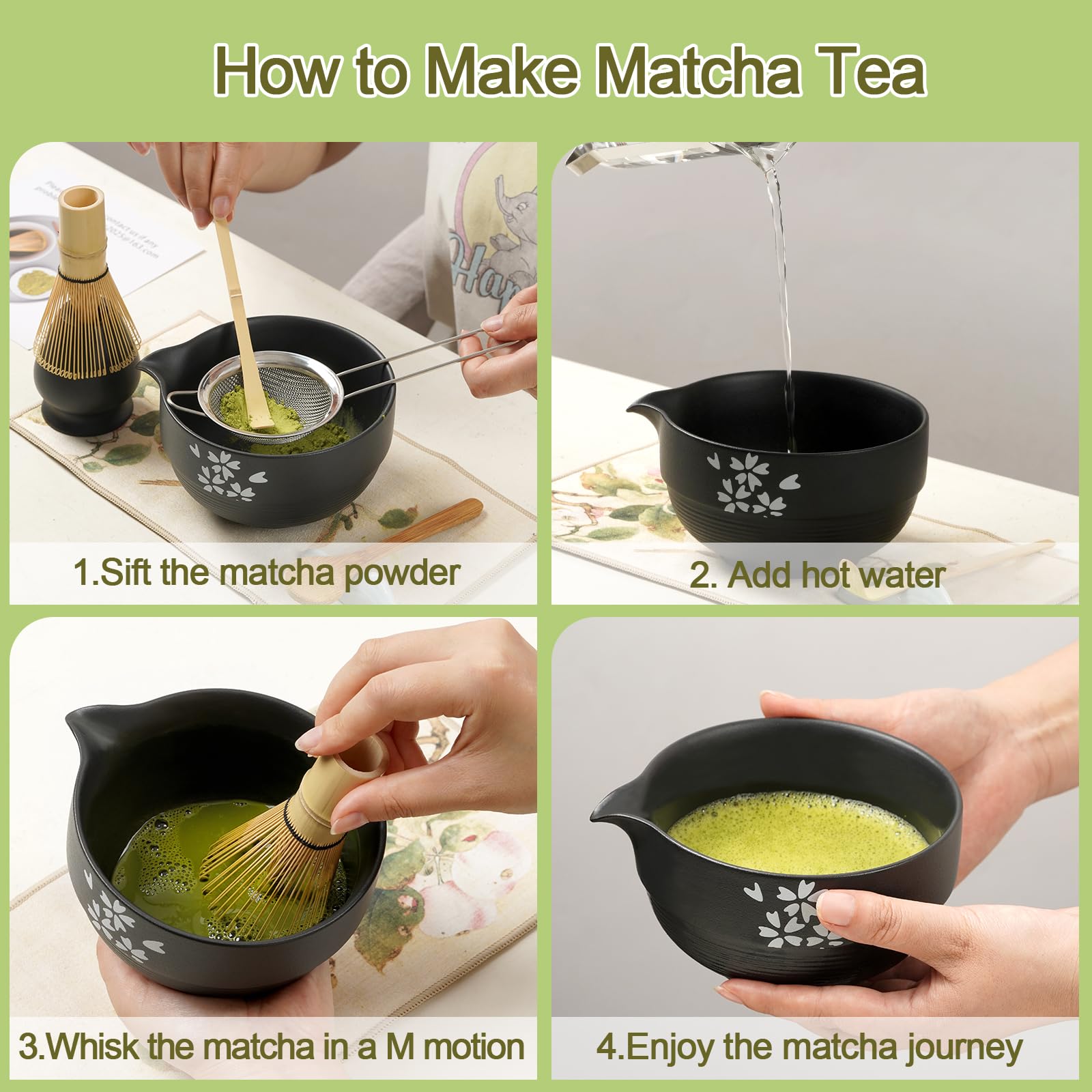 Zestaw Matcha | Zestaw do herbaty Matcha | Miska Matcha z dzióbkiem | akcesoria matcha 8-częściowe do ceremonii Matcha i Latte, prezent MatchaTea dla miłośników Matcha