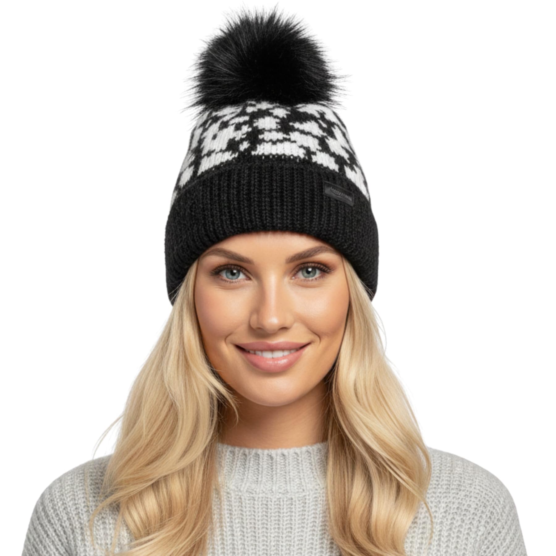 A2Z Ladies Hat Furry Animal Knitted Beanie Bobble Fur Pom Pom Stretchy - Hat LH1071 Black One Size