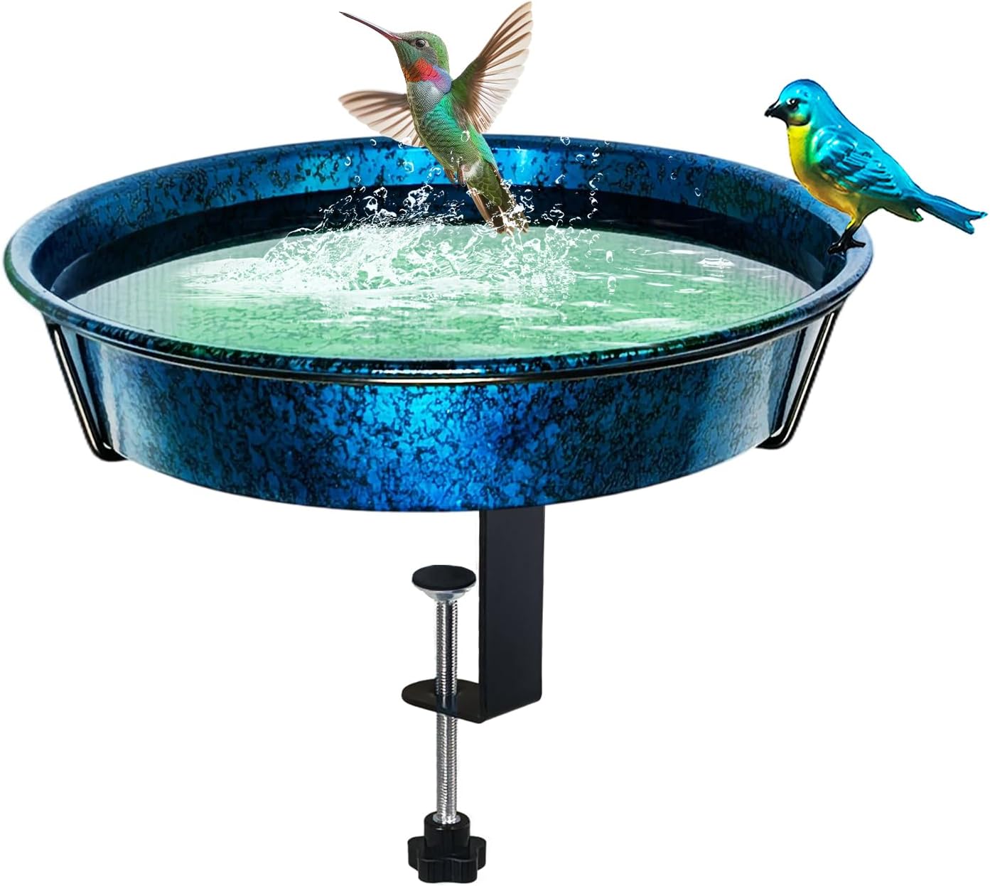 Deck Bird Bath for Outside, 11.5” Blue & Green Birdbath Bowl & Feeder with Adjustable Clamp for Balcony Railing Outdoor Garden Yard Decor