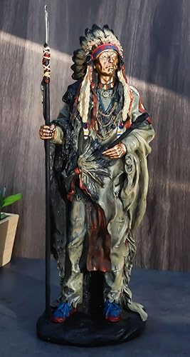 Miniatura 9 de Ebros nativo americano indio guerrero jefe en escudo de animal y tocado de batalla estatua fuerza y sabiduría líder de la tribu como decoración del