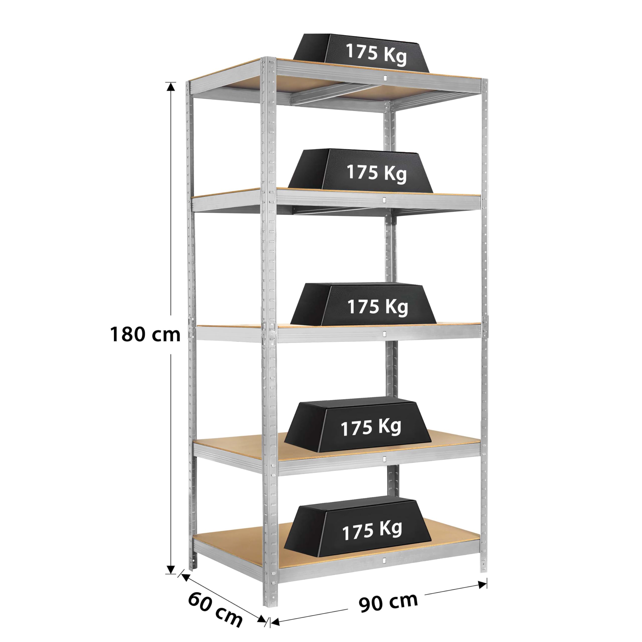 KARAT Rek voor zware lasten, 180 x 90 x 60 cm, steekrek, kelderrek, opbergrek, metalen rek - van staal metaal - 5 verstelbare planken (verzinkt
