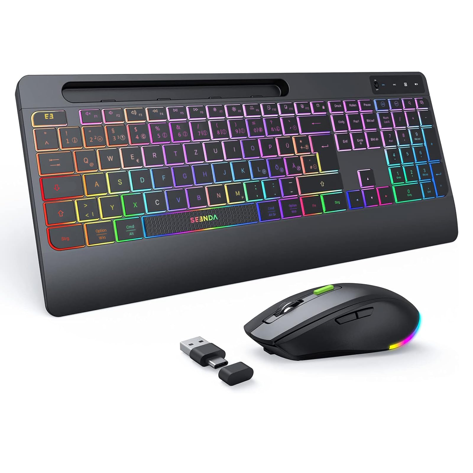 Seenda JPX006 kabelloses Tastatur Maus Set beleuchtet ergonomisch mit Handyhalter Handballenauflage leise Tasten QWERTZ