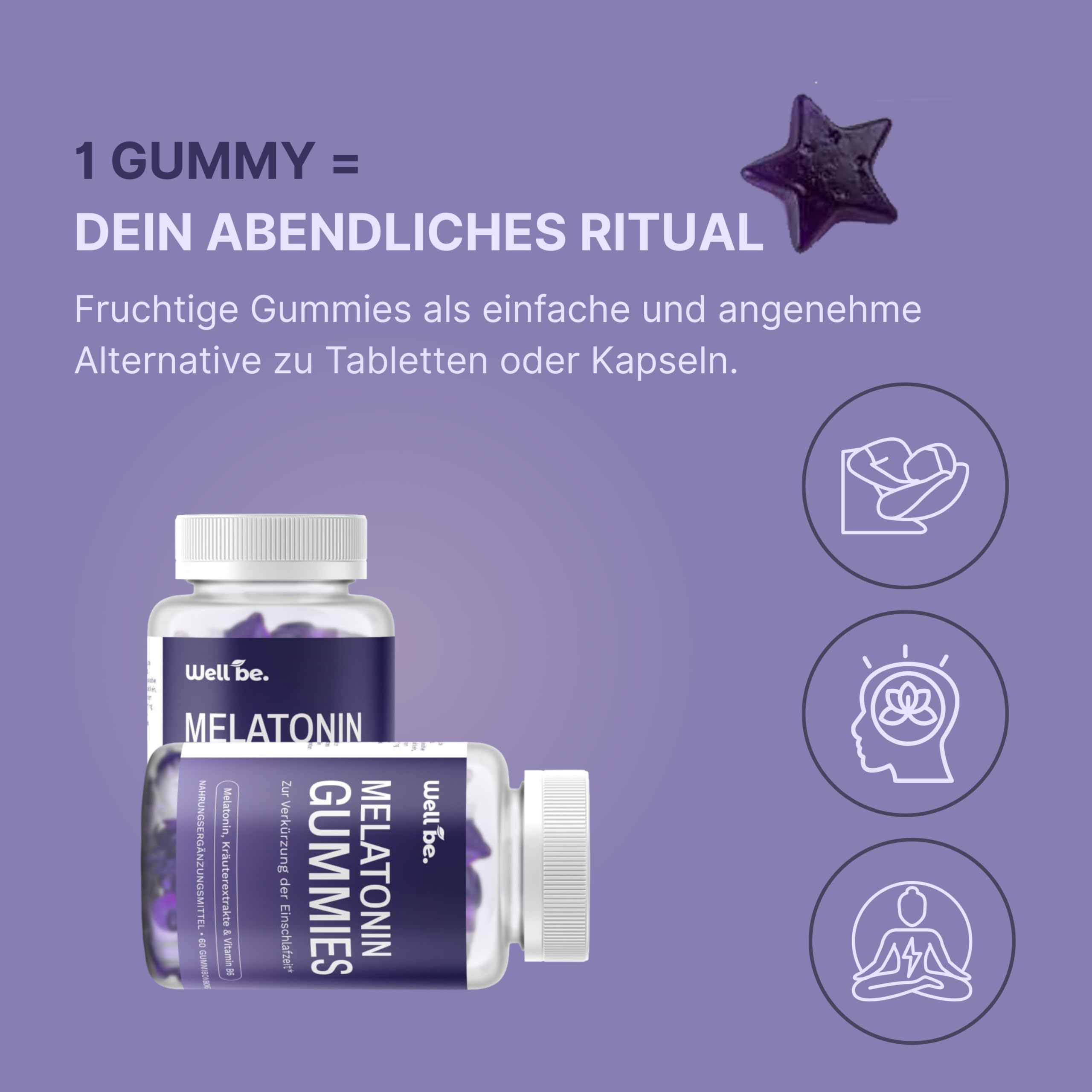 wellbe 3x60 Melatonin Gummies – mit Melisse, Hopfen & Vitamin B6 – Nahrungsergänzungsmittel für erholsamen Schlaf und innere Ruhe