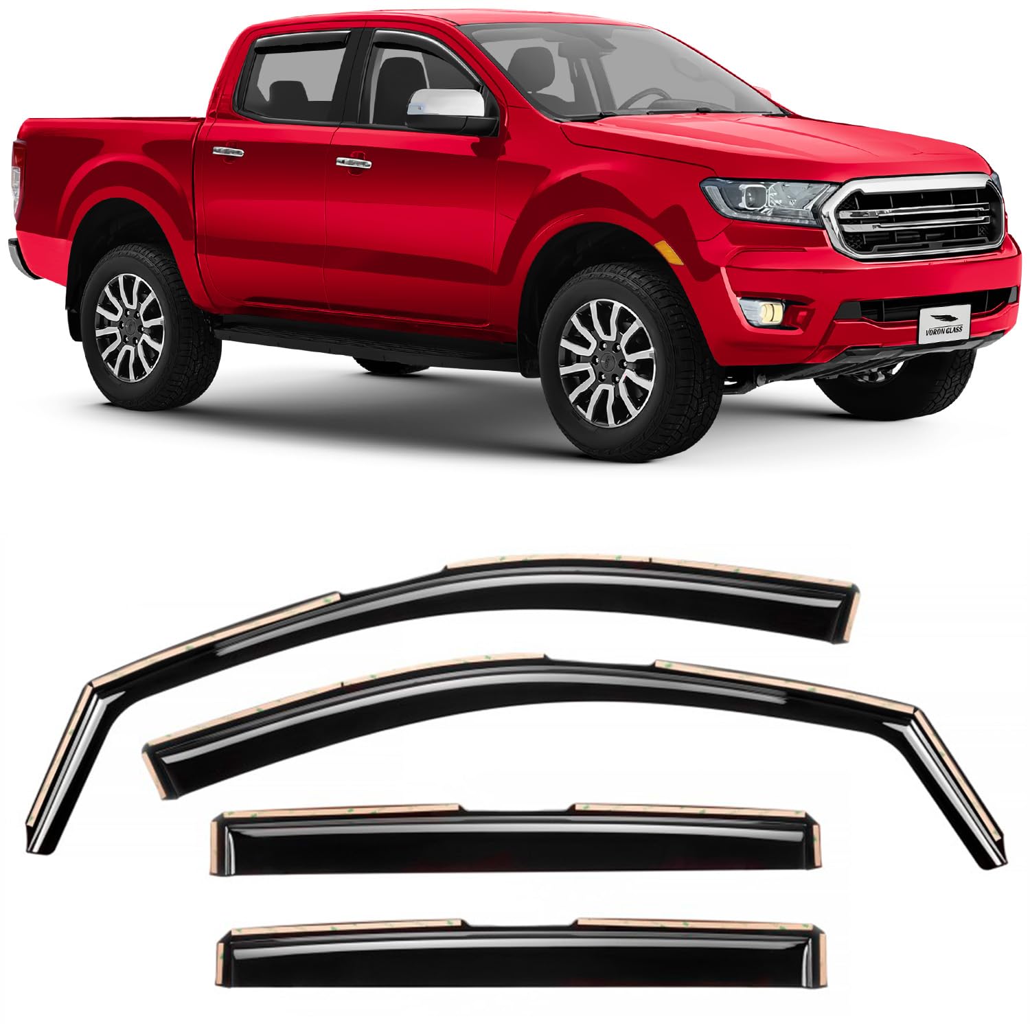 in-Channel Extra Durable Rain Guards for Trucks Ford Ranger 2019-2021 SuperCrew, Window Deflectors, Vent Window Visors, 4 Pieces - 220160