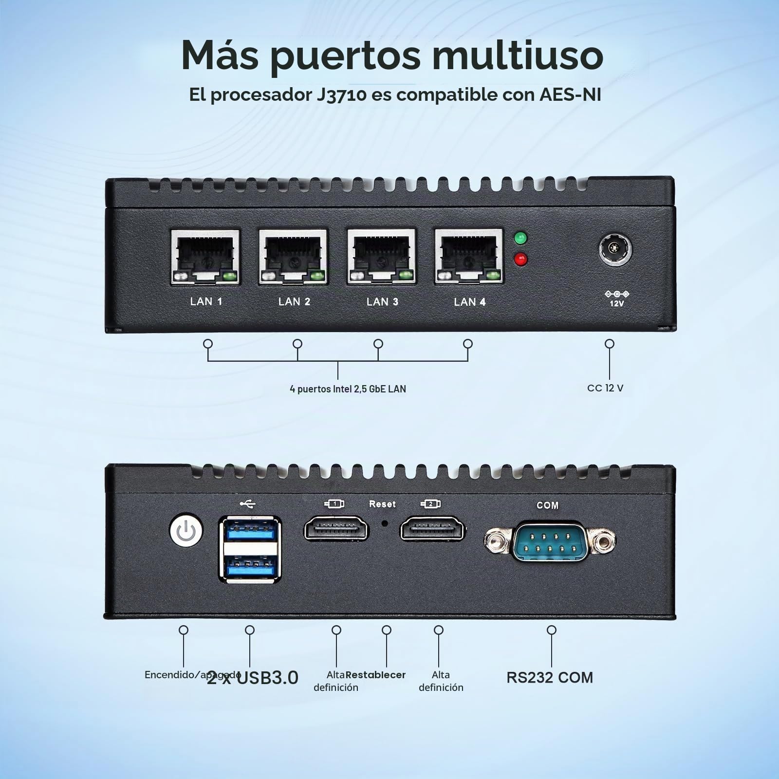 Dispositivo cortafuegos sin Ventilador, CPU Intel J3710 de 4C/4T, Mini-PC con 4 Puertos LAN i226, Pasarela de Red, Router por Software, P-F-Sense/OPN-SESNE, 8 GB RAM DDR3, SSD mSATA de 64 GB
