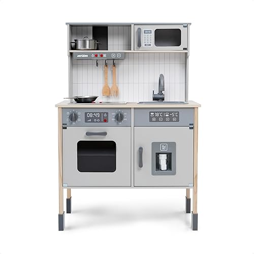 Juego de cocina de madera Little Chef's Kitchenette con horno iluminado, microondas, máquina de hielo, juego de simulación para niños pequeños de 3