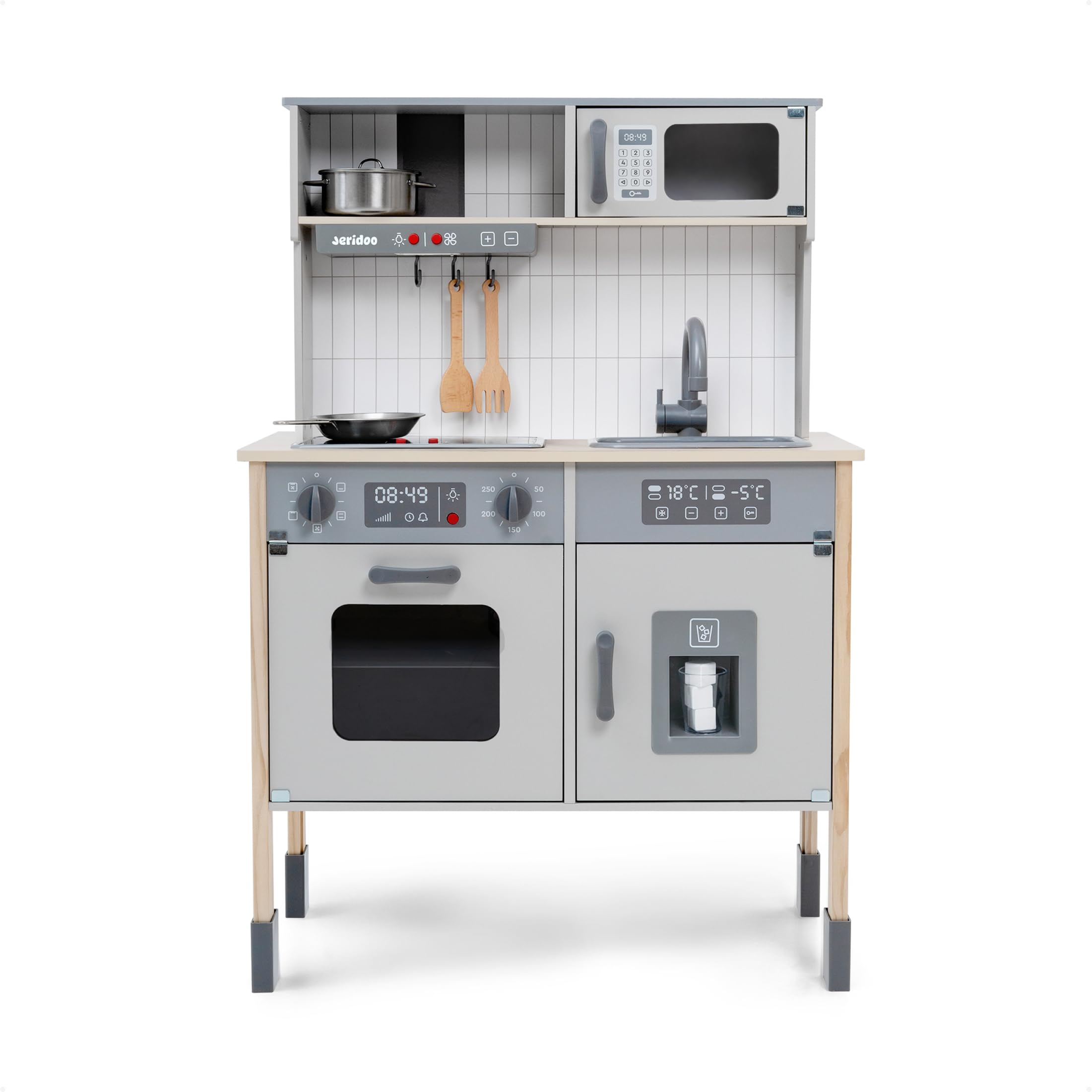 JERIDOO Kids Wooden Play Kitchen, Realistic Toy Kitchen Playset with Light-Up Oven, Microwave, Sink, Ice Maker and Kitchen Accessories, Role Play for Toddlers Age 3+