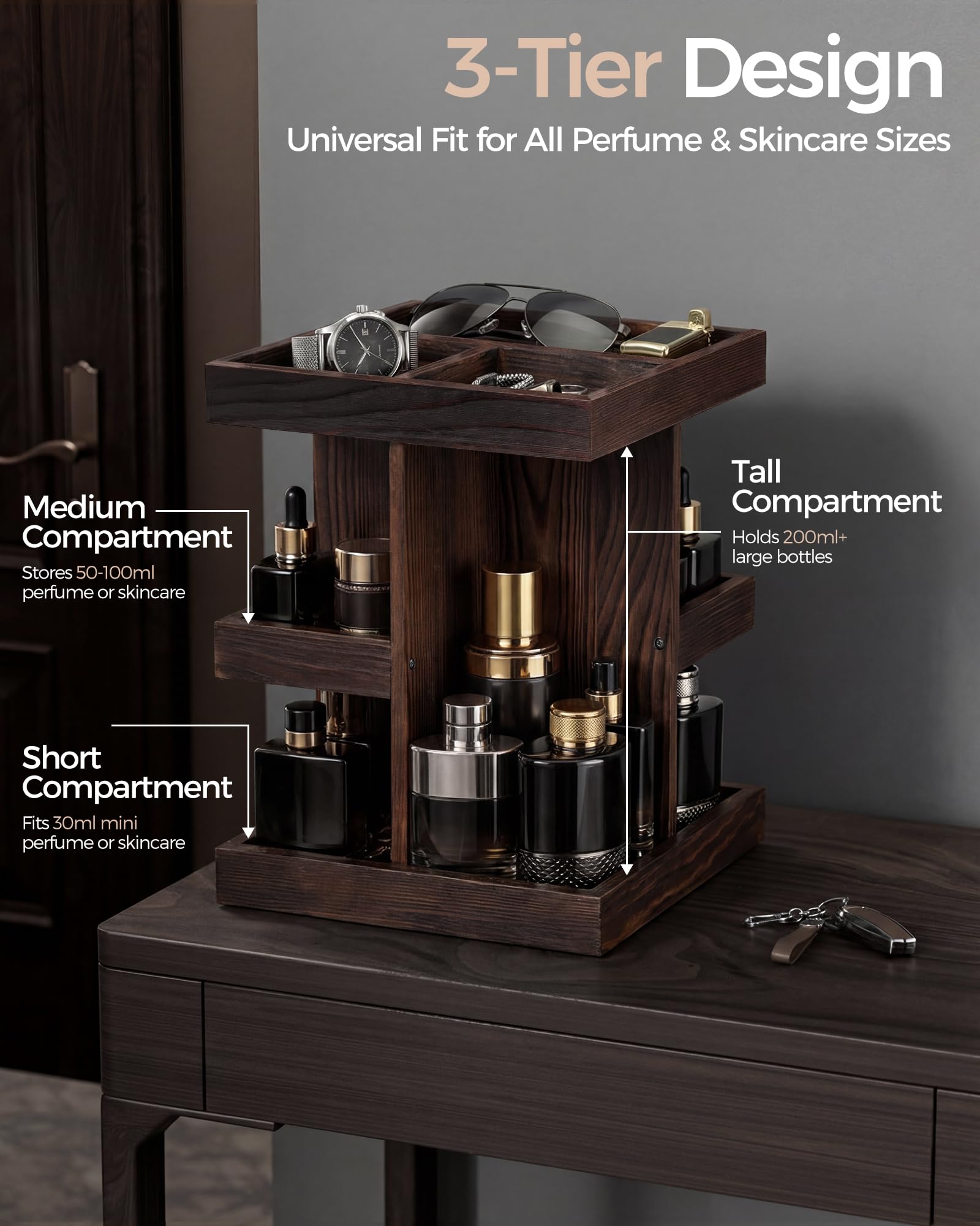 ProCase 360° obrotowy organizer na perfumy dla mężczyzn, naturalne drewno, wieża do perfumy, organizer do wyświetlania kosmetyków, stojak do przechowywania perfum, kosmetyków, produktów do pielęgnacji