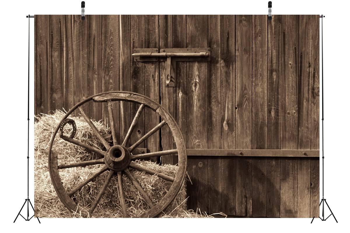 BELECO 6x3m Sfondo Cowboys, Porta di Fienile, Ruota Antica, Balli di Fieno, Tema Country, Decorazione Western, Foto per Bambini e Adulti.