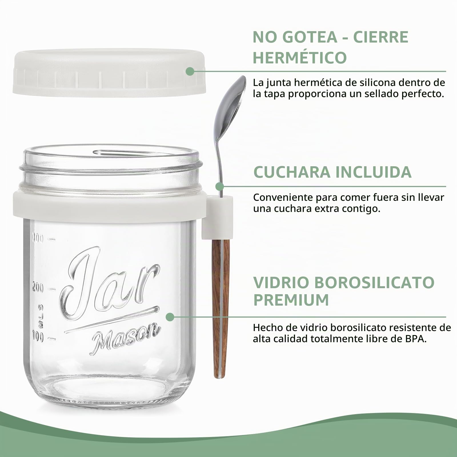LANDNEOO Paquete de 4 Frascos de Vidrio con Tapa, Envases de Vidrio con Tapa Hermética de 16 onzas, Tarros de Avena Nocturna para Leche, Cereales, Frutas