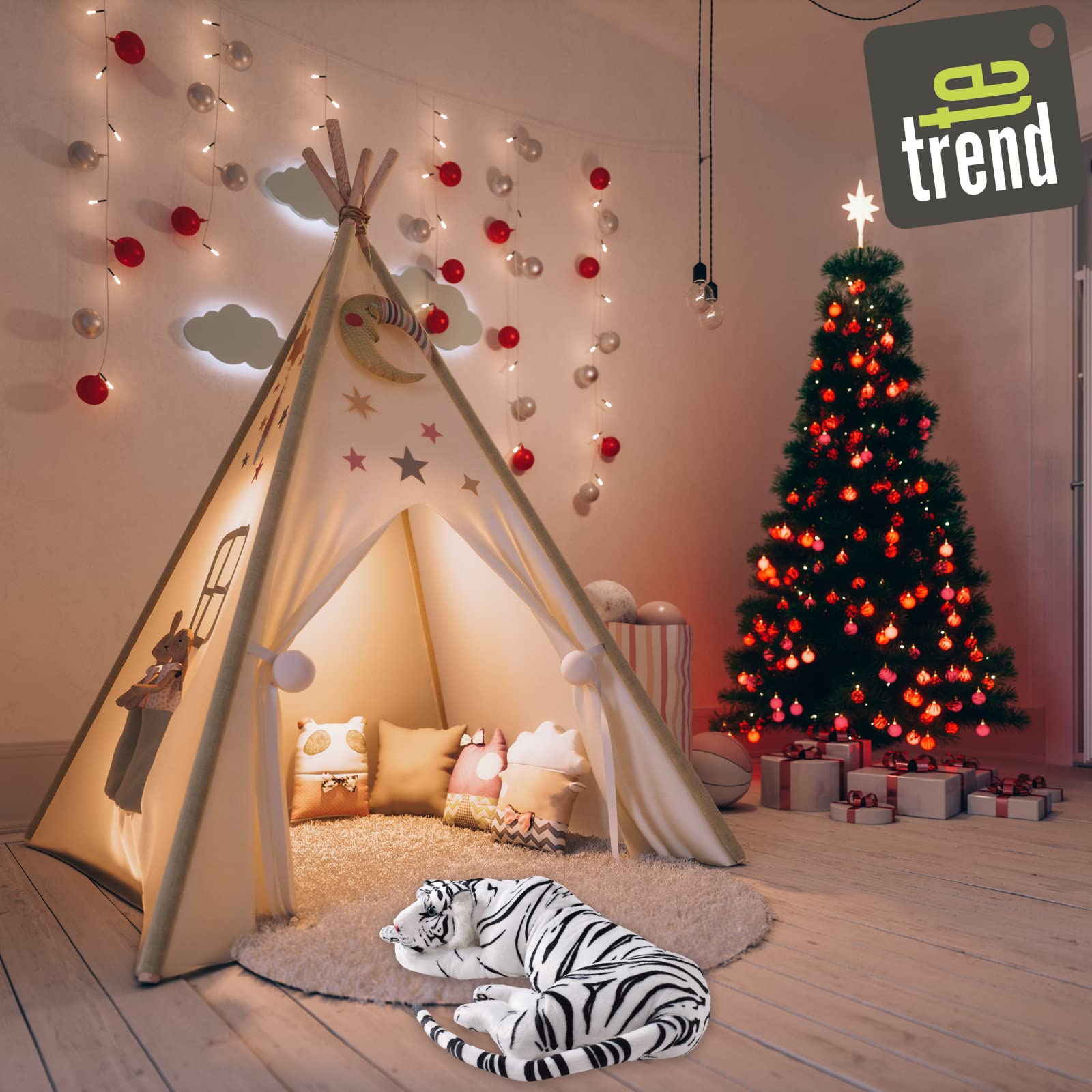 TE-Trend Weißer Tiger Kuscheltier XXL Plüschtier Stofftier liegend Katze Großkatze Raubkatze Deko Figur Geschenk Spielzeug 70cm Mehrfarbig