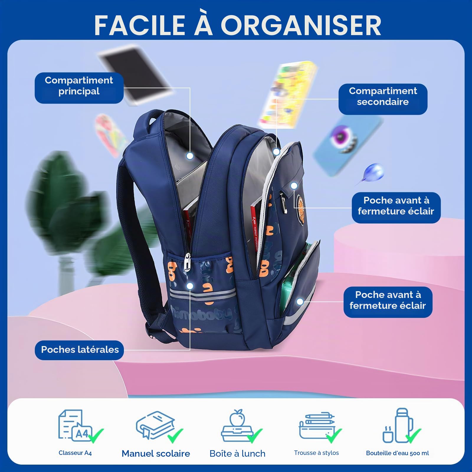 Amythe Cartable Garcon Primaire Renforcé, Sac d Ecole Garçon Ergonomique CP CE1 CE2 CM1 CM2, Sac à Dos Enfant à la Mode pour l'école Primaire, Bleu Marine