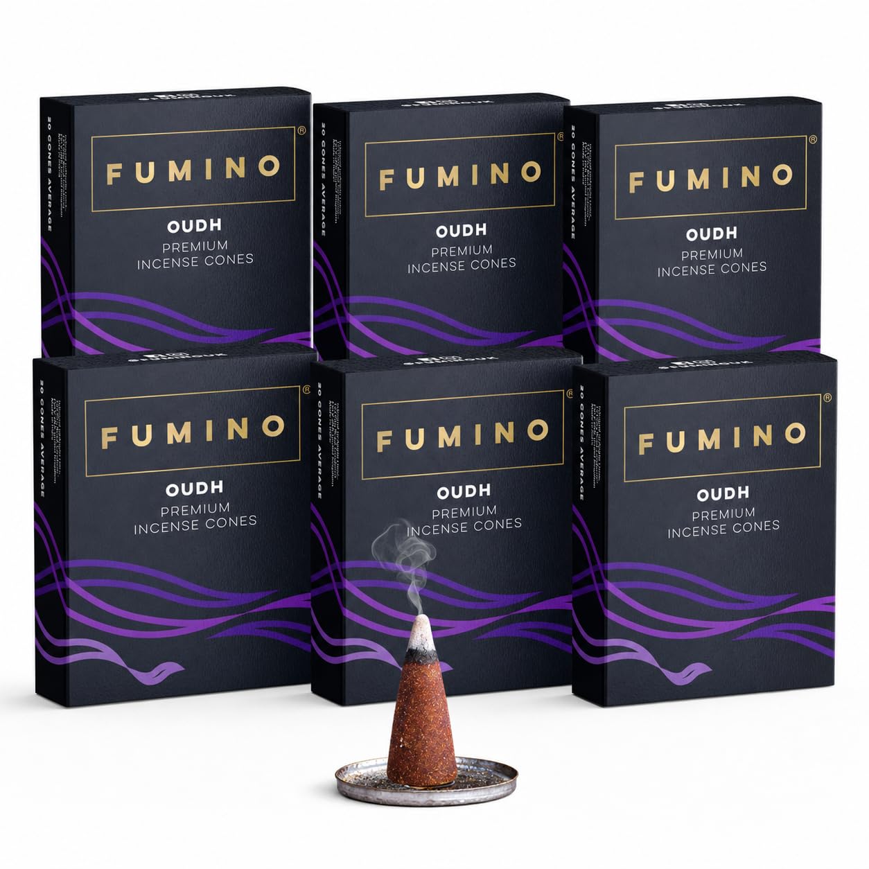 Fumino Black Incense Cones Oudh 90 Pack 6 Boxes - Handmade Natural, Long Burn