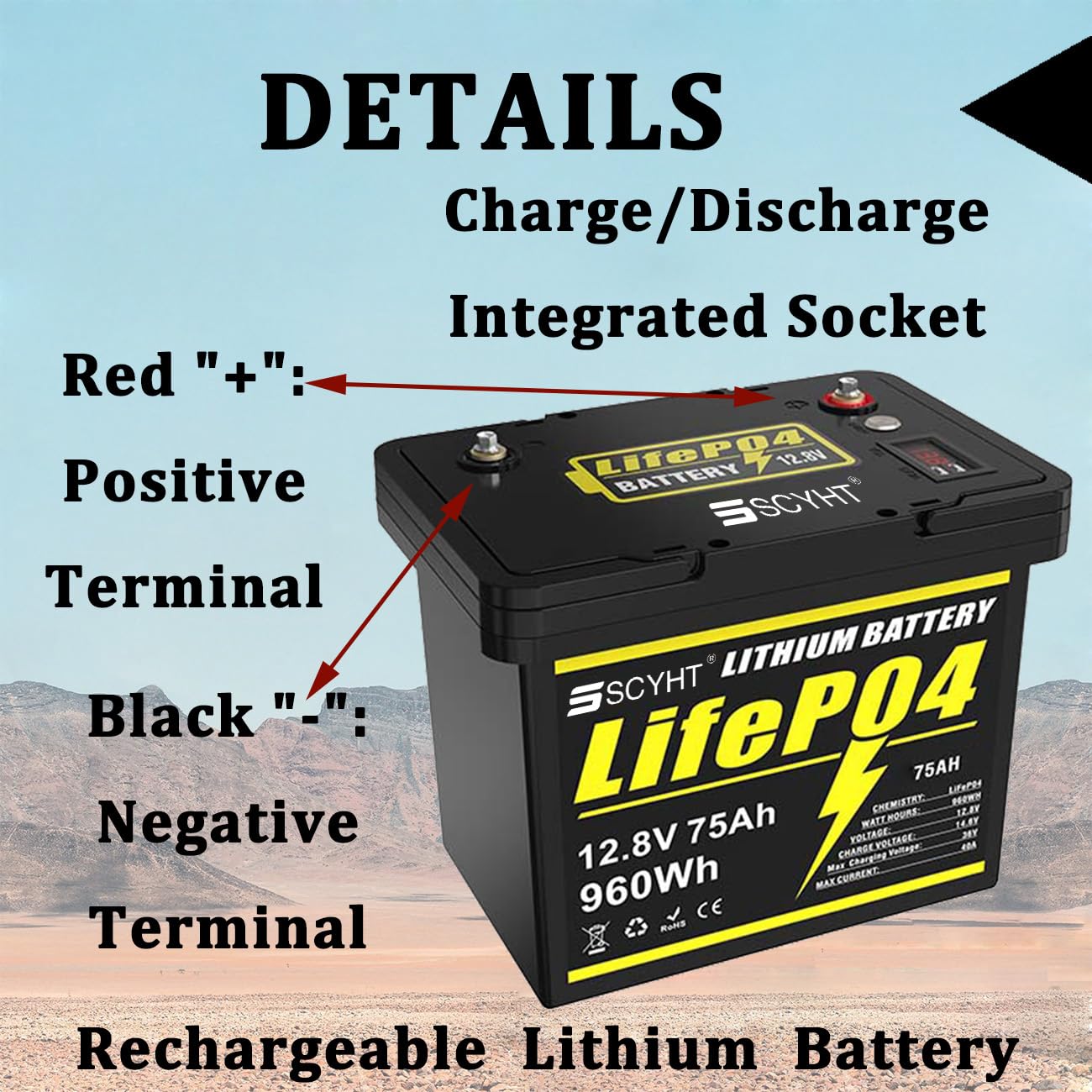 Batería LiFePO4 12,8 V Batería de Litio 75 Ah Baterías de Ciclo Profundo 12,8 V Baterías Repuesto para energía Solar con BMS y Pantalla para Motores 250 W a 1000 W.
