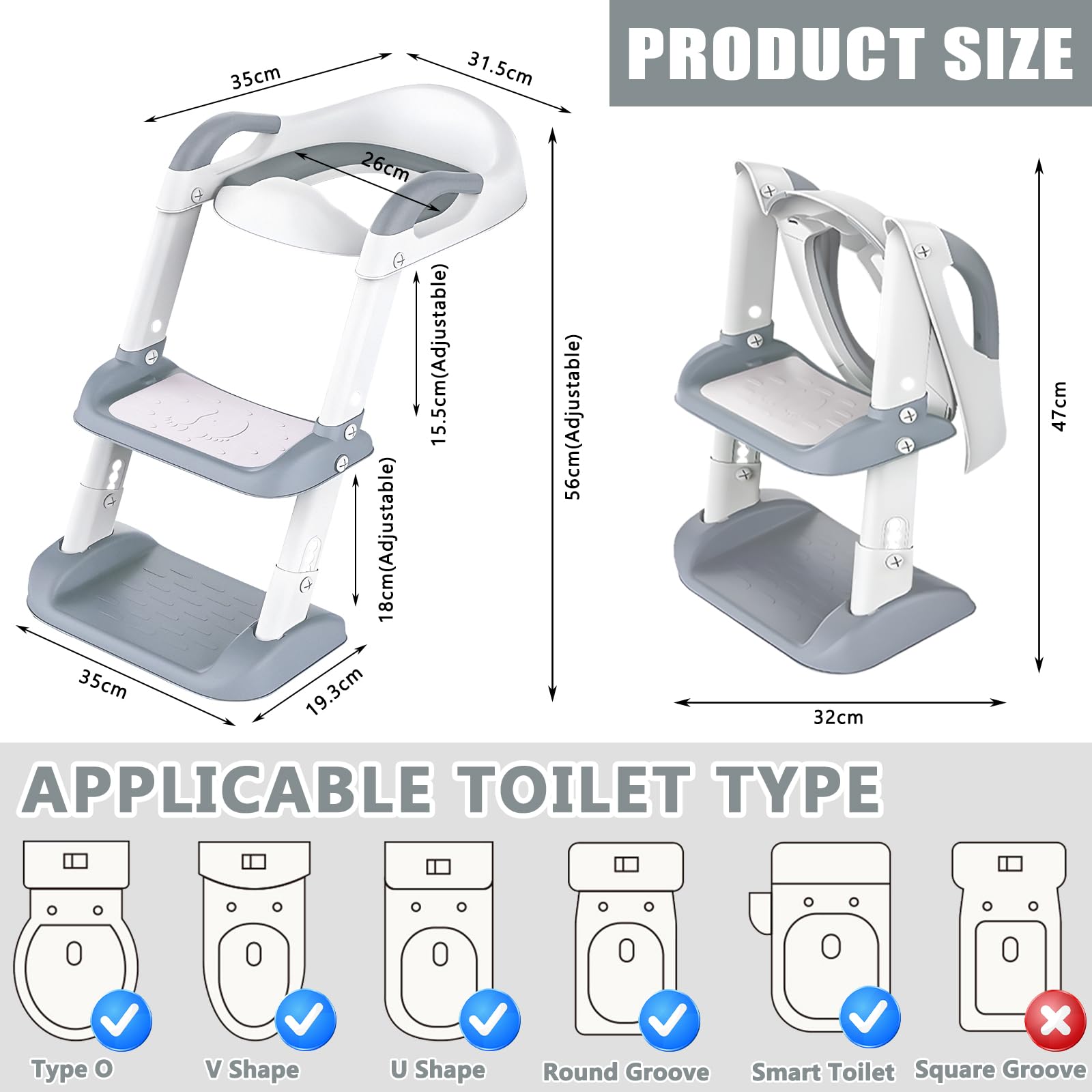 NCIKIHRKK Reducteur Toilette Enfant, Réducteur WC Enfant avec Escalier, Pot Bebe Toilette, Rehausseur Toilette Enfant avec Coussin Moelleux, Pliable Adaptateur toilette Enfants en Forme de V, U, O