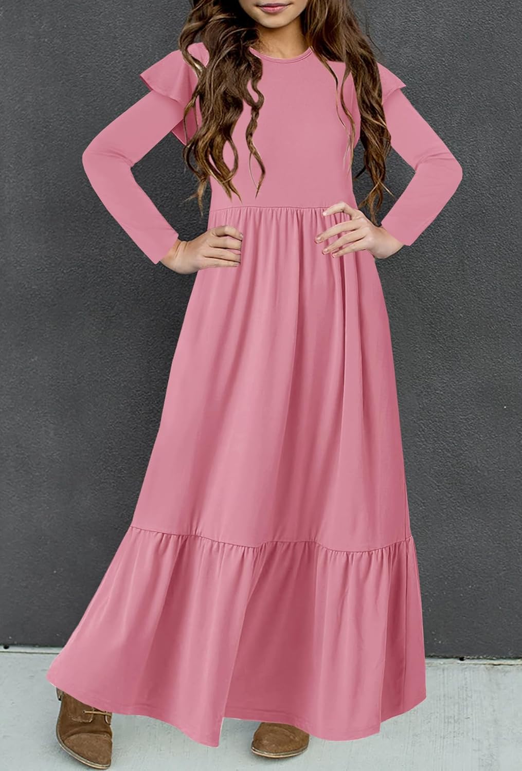 HOSIKA Girls Fall Ruffle Long Sleeve Crew Neck Loose Casual Flowy Tiered Maxi Dress with Pockets for 6-12 Y - Image 2