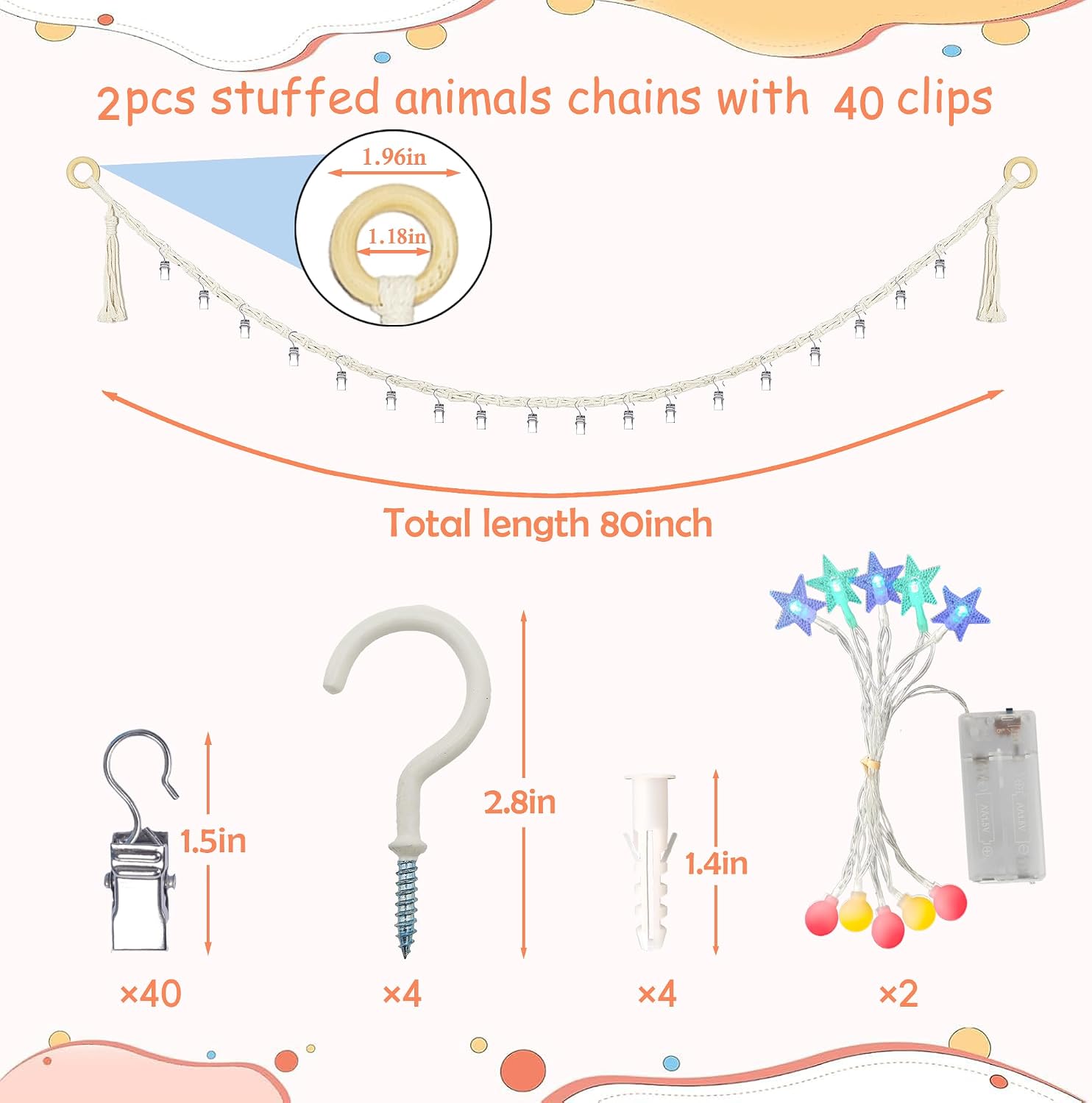 2PCS Stuffed Animals Storage Chain Organizers 80" Cotton Hanging Storage Chain with 2 Pcs Led Light 40 Metal Clips Stuffed Animal Display Holder Chain for Nursery Play Room (White)