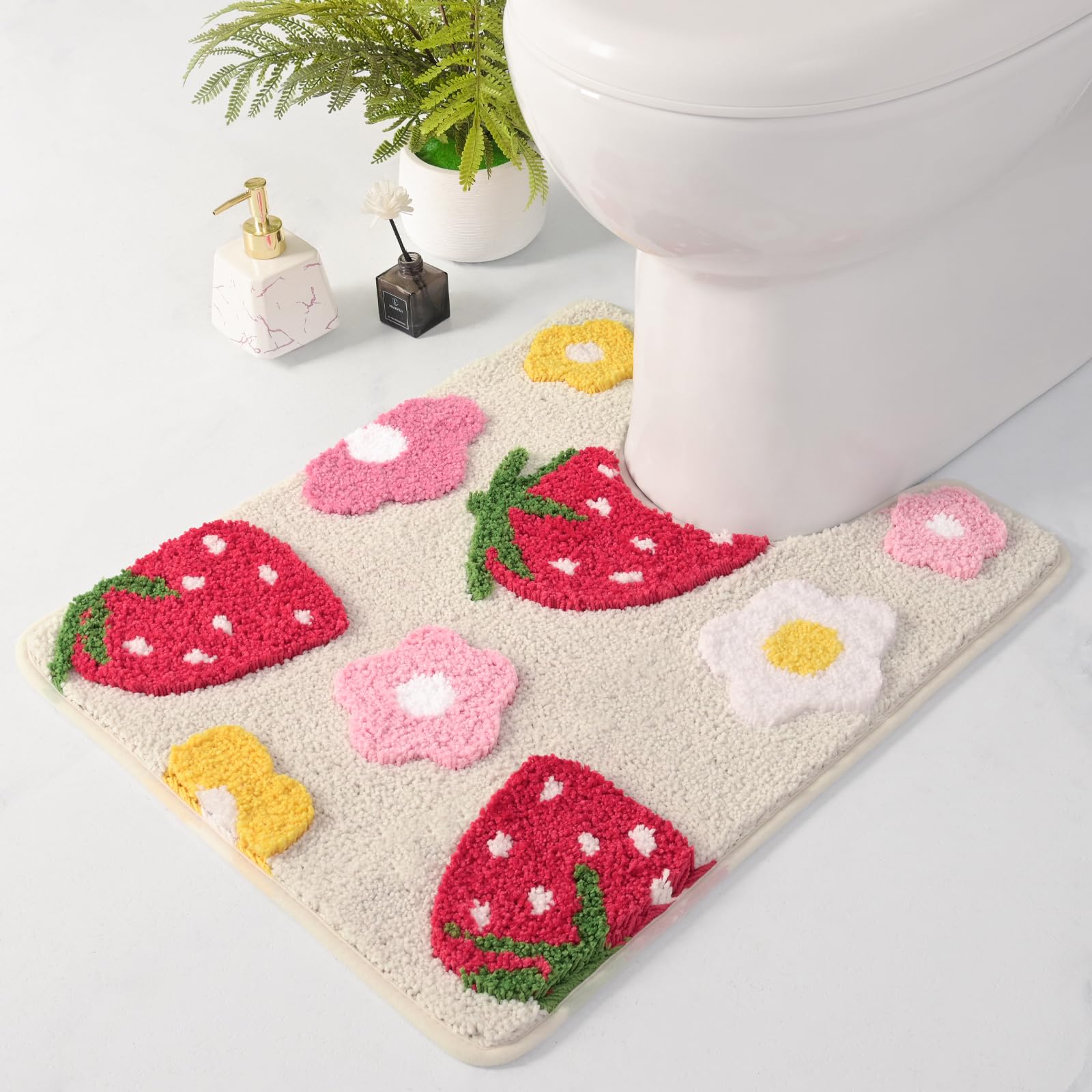 Anybar U-Shaped Toilet Rug 20x24'' - Super Soft Absorbent Bathroom Mat with Cute Strawberry & Flower Design, Non-Slip Quick-Dry Washable Contour Rug for Toilet, Bath Mats for Bathroom Decor（Beige）