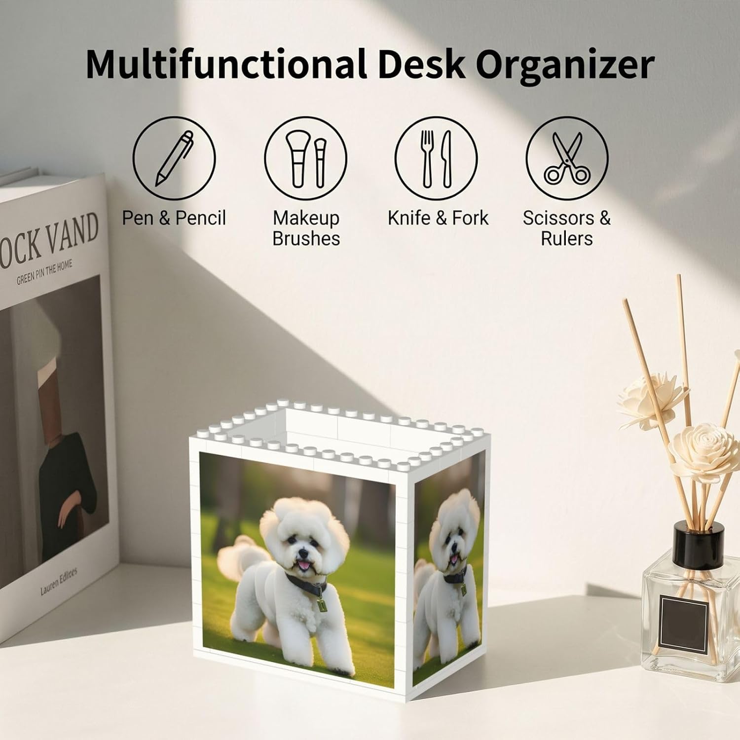Bichon Frise Dog On The Grass Print Uv Print Block Pencil Cup, Detachable Creative Block Desk Organizer Office Abs Pen Holder image 5