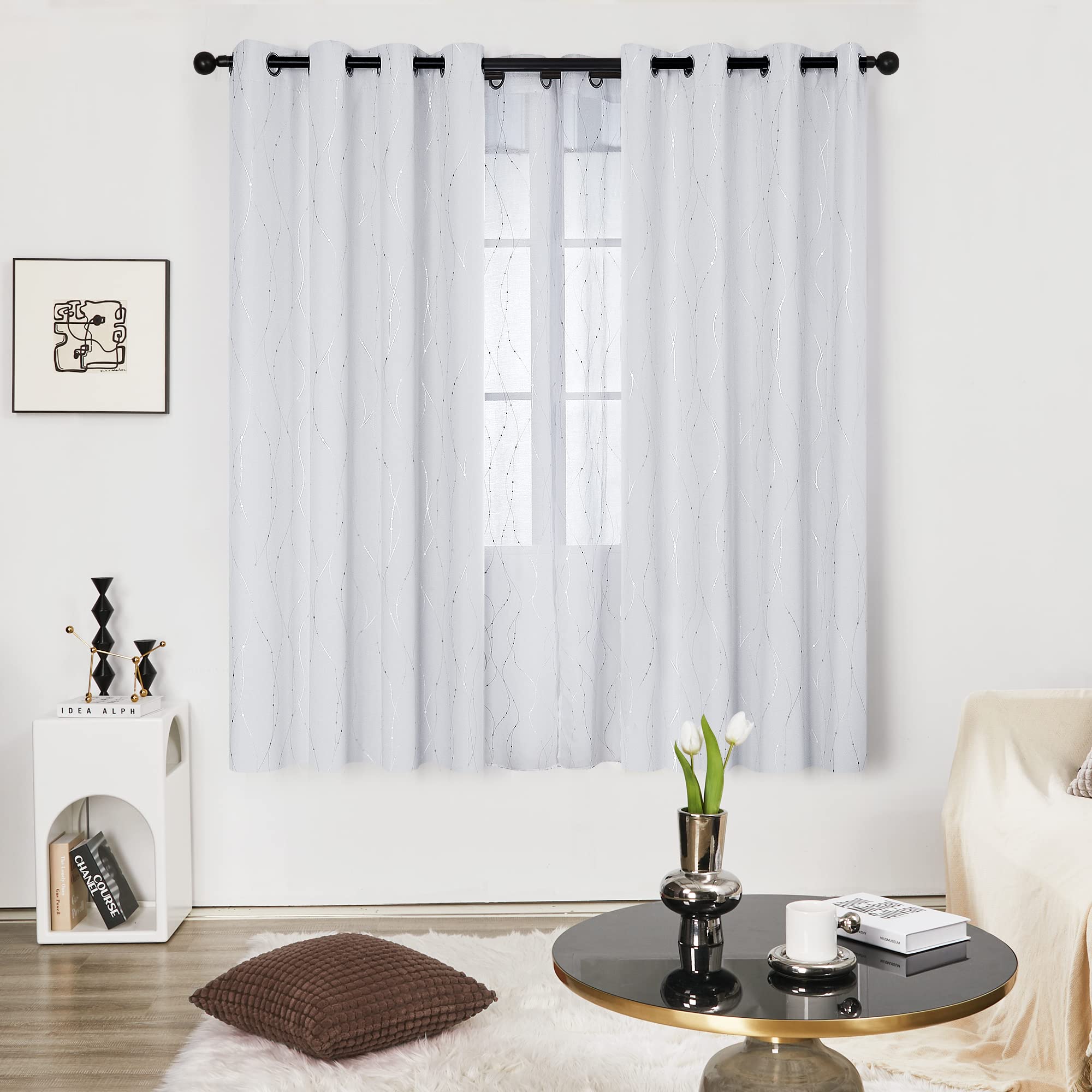 Deconovo Grommet Blackout Curtains for Living Room, 72 Inches Long - Room Darkening Curtains, Curtain Panels, Wave Line and Dots Pattern (52 x 72 Inch, Greyish White, Set of 2)