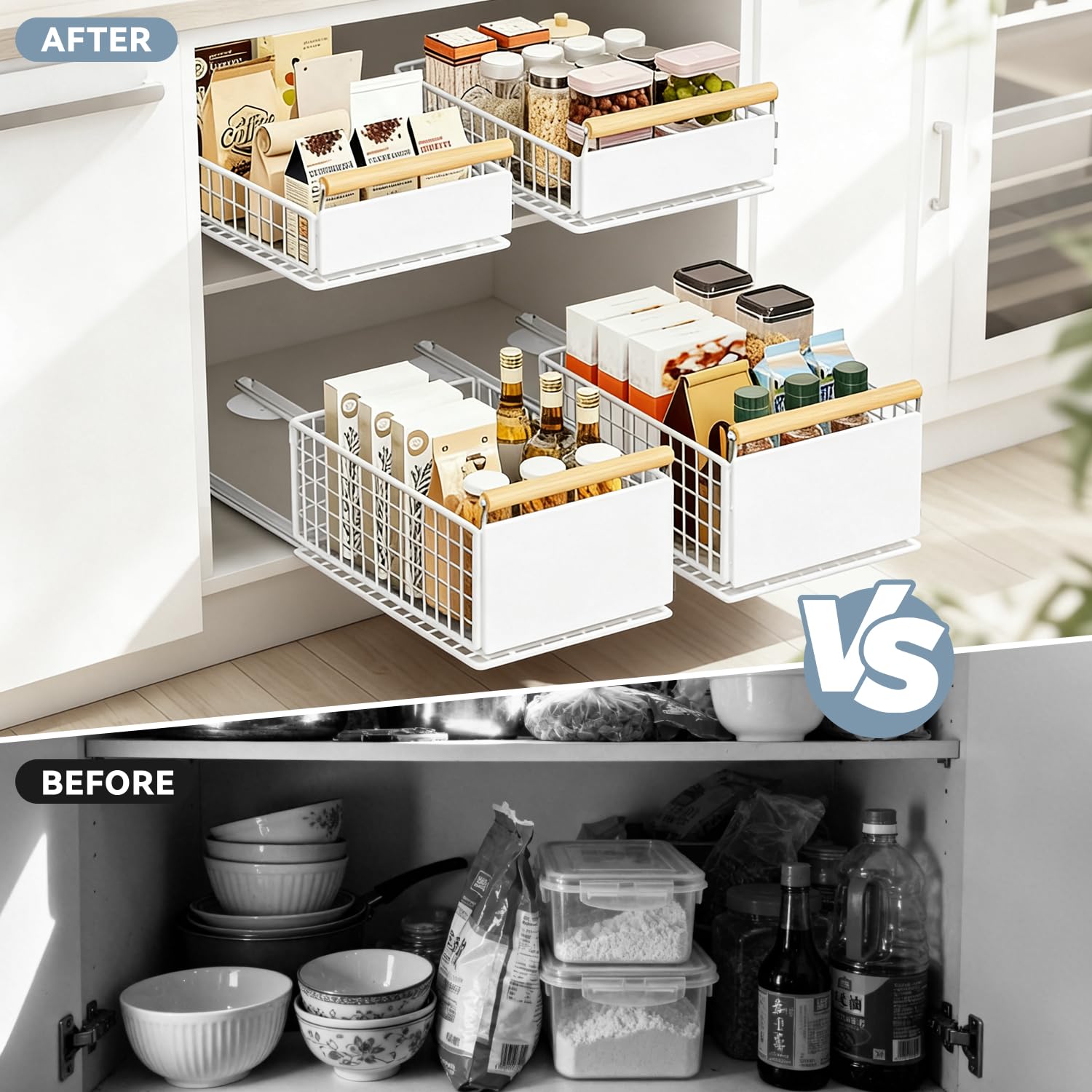 Cassetto estraibile per cucina, 2 pezzi, sistema di cassetti Telescop con estrazione, senza foratura, fino a 25 kg, organizer per cassetti per armadi profondi, bianco, 39,5 x 23,5 x 19/11 cm