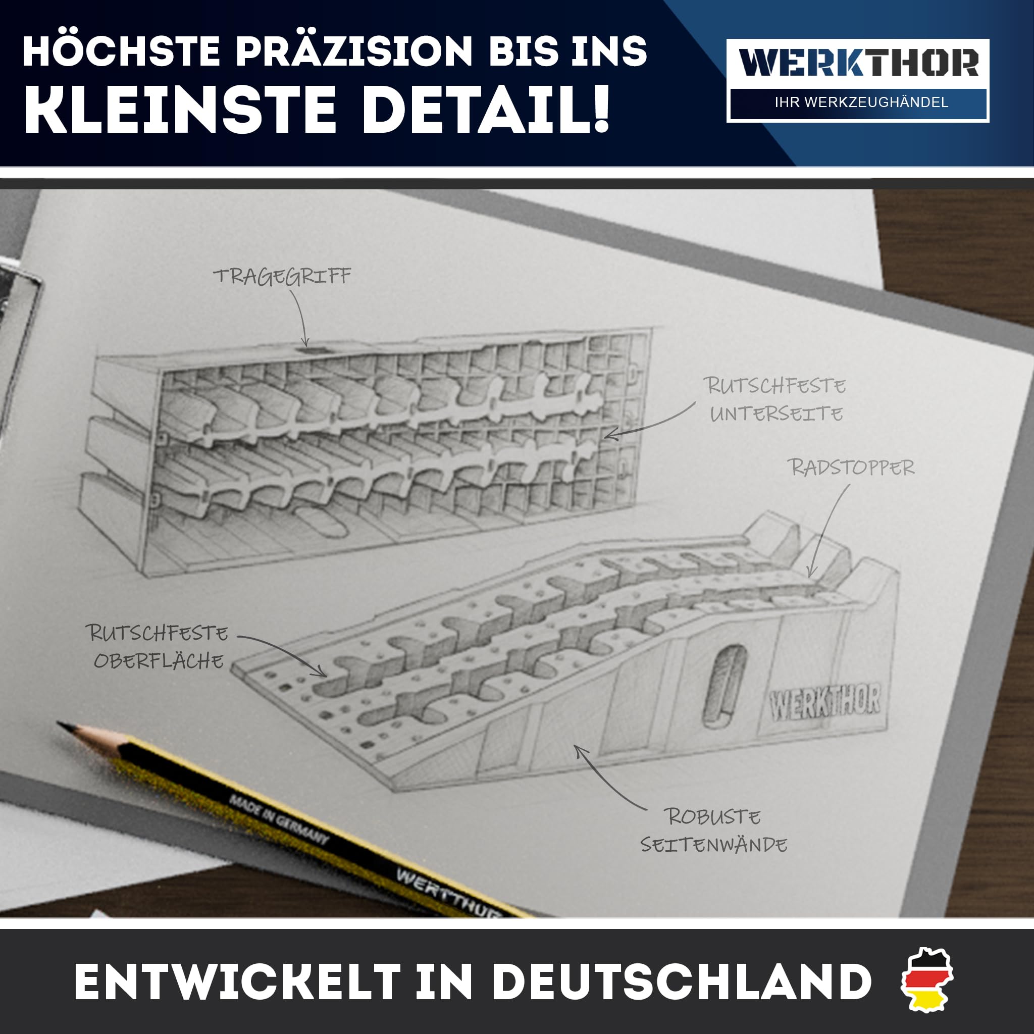 WERKTHOR Auffahrrampe PKW - [2er Set] Auffahrrampen für maximalen Halt [<5T] - Hochbelastbare Rampe Auto für jeden Untergrund - Auto Rampen 2 Stück