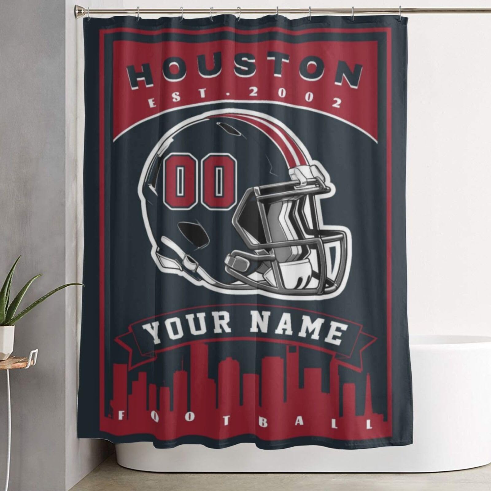 Blinshir Custom Houston Shower Curtain for Bathroom Personalized Football Style with Name Number Customized City Sport Bath Curtain Gifts for Fans Men Women, Includes 12 Hooks