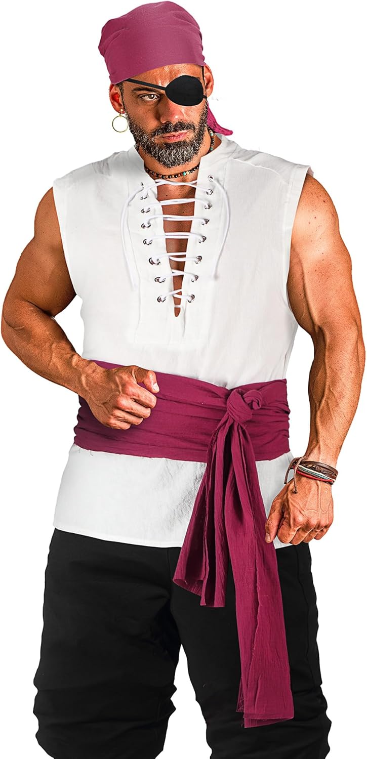Boyiee 6 Pcs Mens Pirate Costume Medieval Renaissance Viking Shirt Ankle Banded Pants Pirate Accessories for Carnival Outfit