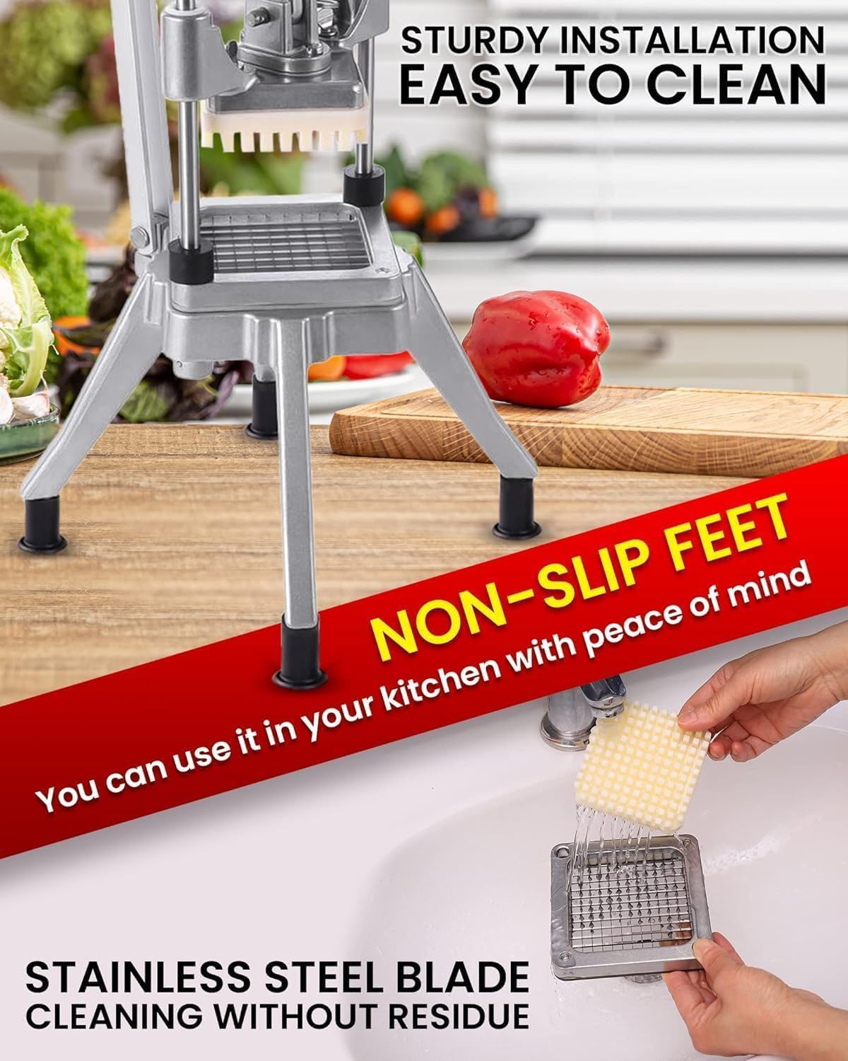 Cortador comercial de frutas y verduras, cortador multifunción resistente con mango ergonómico y almohadillas antideslizantes para cortar patatas eficientes, tomate y cebolla