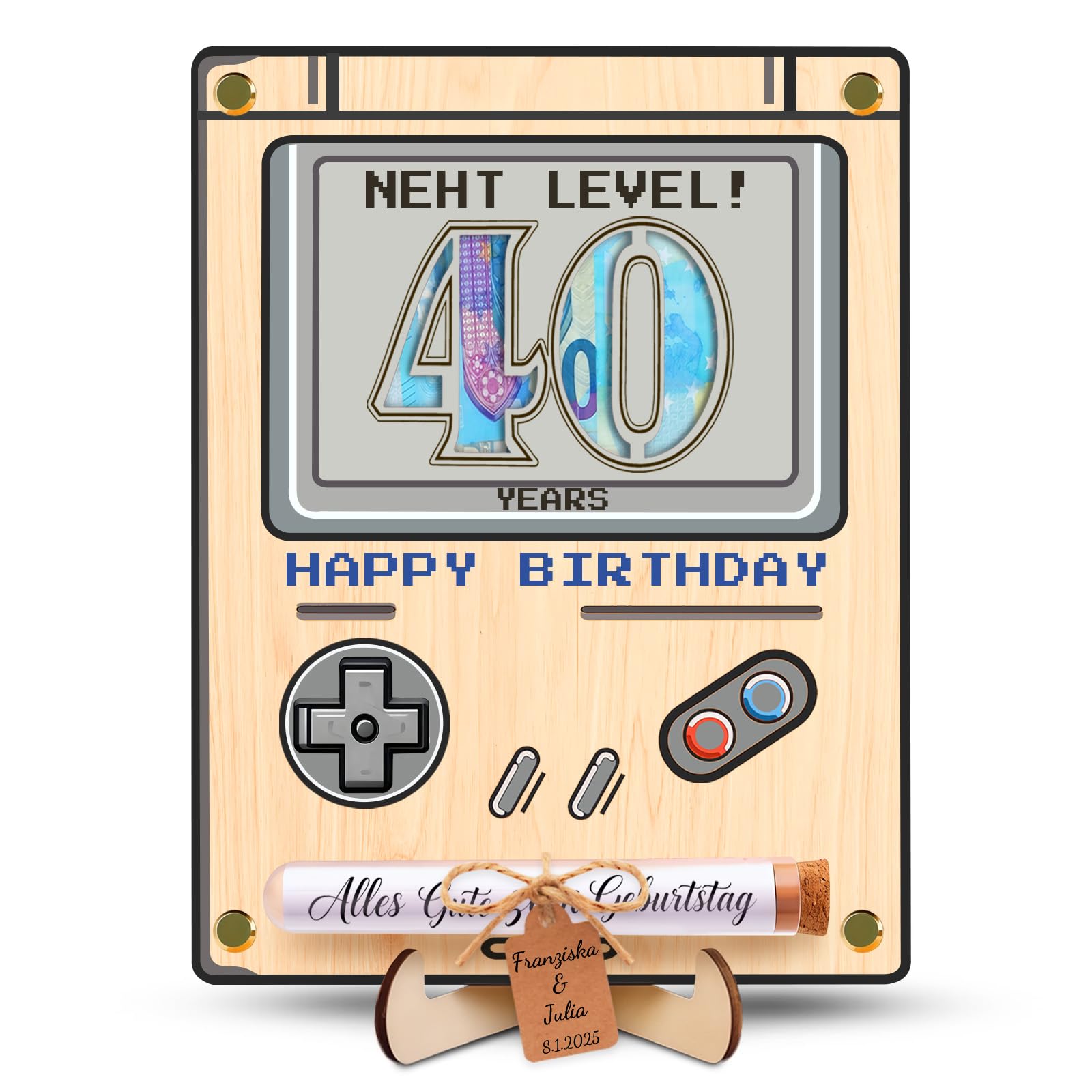 Wryzorix 40.Geburtstag Mann Frau,Retro Holz Geburtstagskart 40,Gamer Deko,Gaming Zimmer,Geschenk 40 Geburtstag Mann Frau,Wunscherfüller Geldgeschenk für Gamer,Frauen & Männer zum Geburtstag