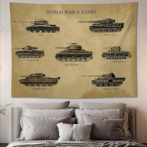 Tapiz de pared de tanque de la Segunda Guerra Mundial, arte de pared militar vintage de la Segunda Guerra Mundial con tanques icónicos, decoración