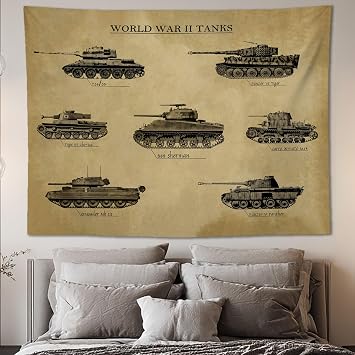WW2 Tank Wall Tapestry Vintage World War II Military Wall Art Featuring Iconic Tanks, Retro War Room Decor and History Wall Hanging for Man Cave, Garage, or Boys Room, Military Gifts and History Posters for Men