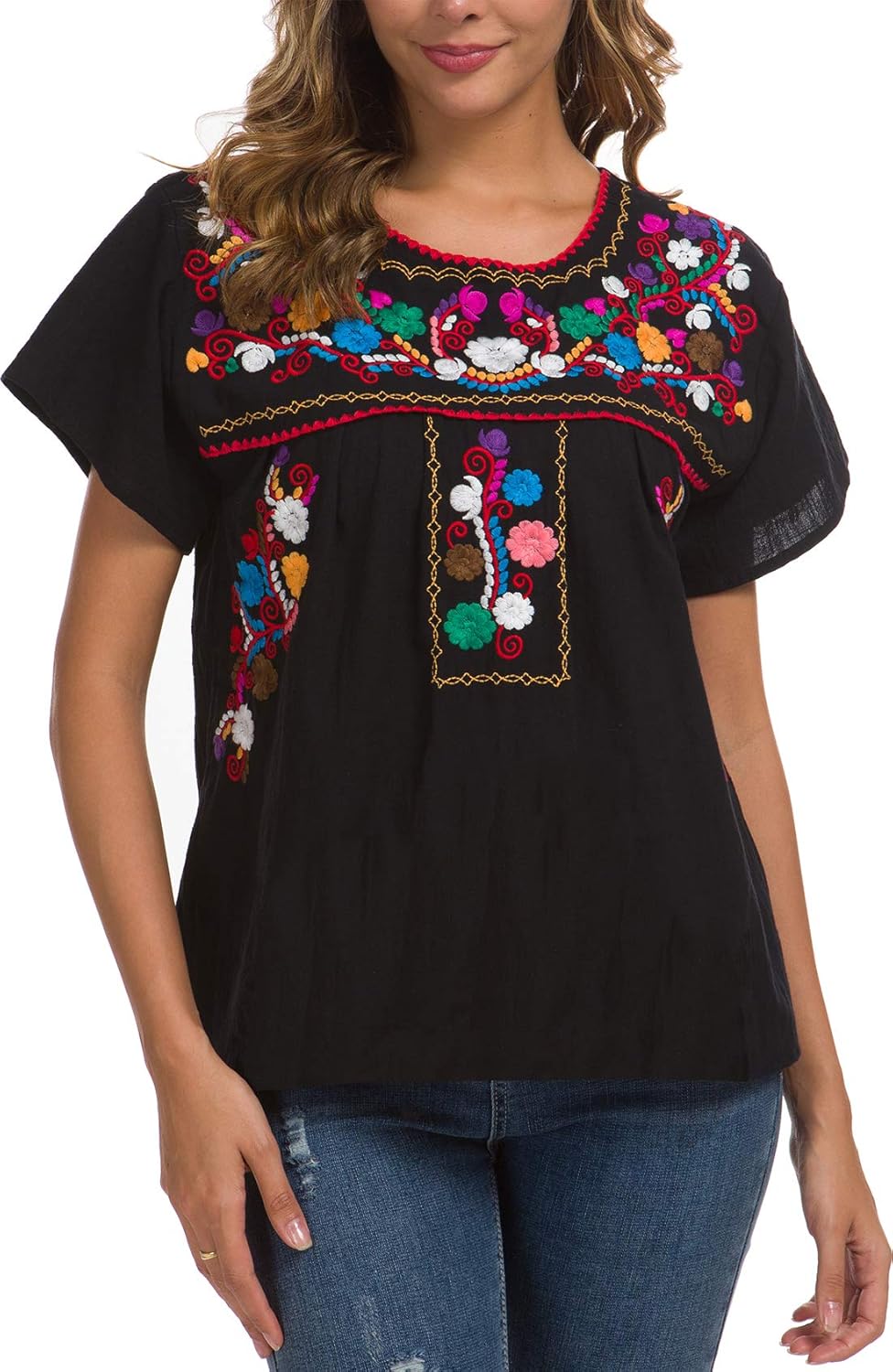 YZXDORWJ Women's Embroidered Mexican Peasant Blouse Mexico Summer Shirt Short Sleeve - Image 7