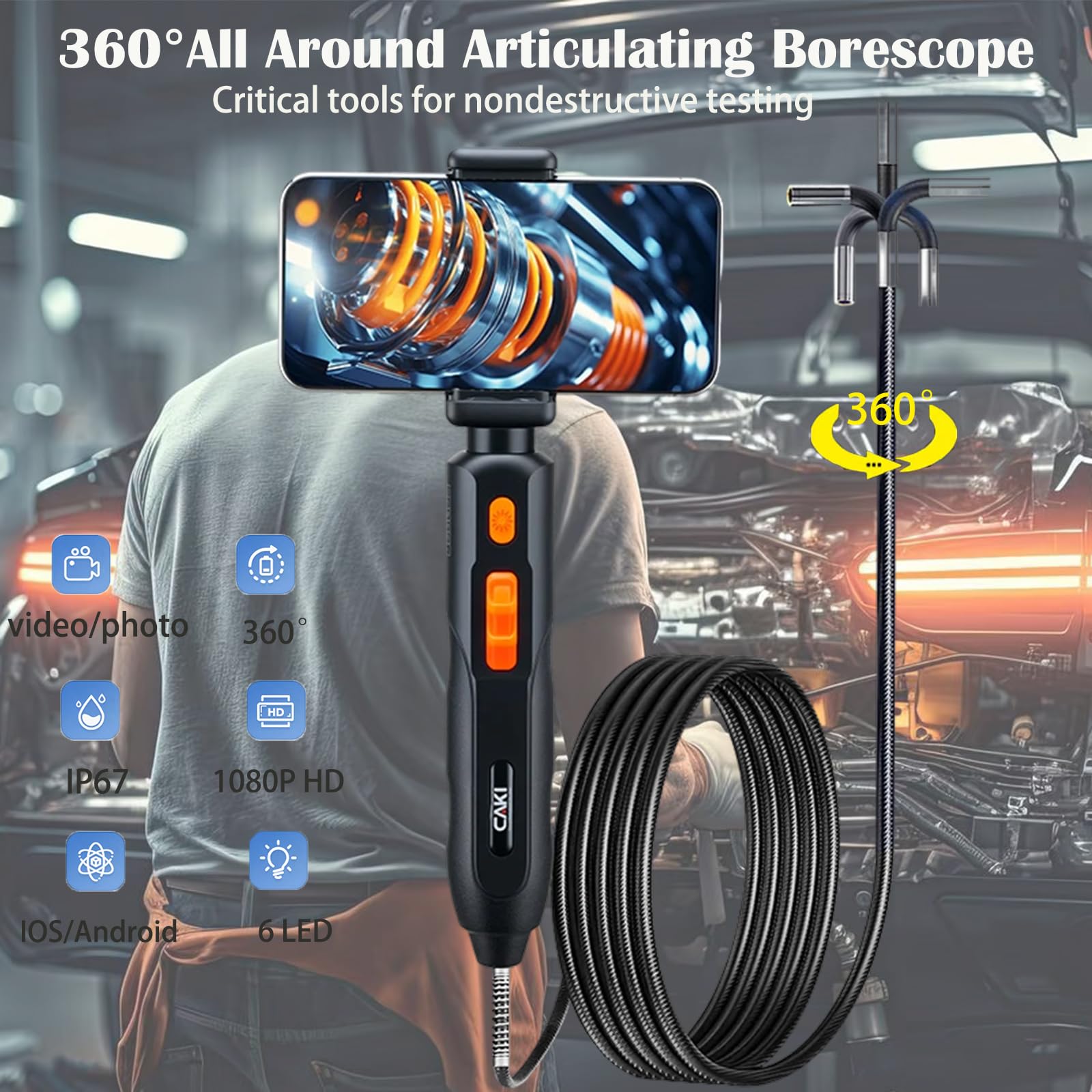 Kamera inspekcyjna endoskopowa, dwukierunkowy boroskop przegubowy 360° ze światłem, wodoodporna sonda 6 mm IP67, półsztywna sonda, do HVAC, hydraulika, motoryzacja, elektryczna (Android/iOS)