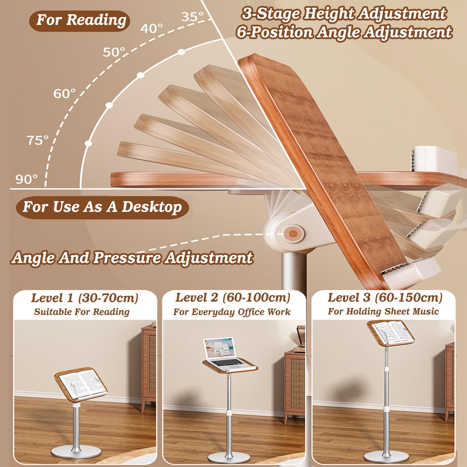 Genérico Estantería y Atril de Madera Resistente para Colocar en el Suelo, Ideal para Biblias, portátiles, Libros de Cocina y proyectores. Diseño Elegante, Altura Ajustable, hogar o