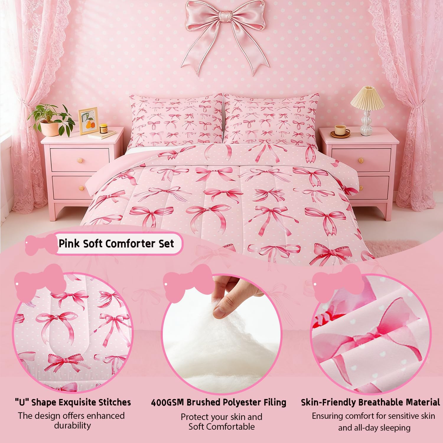 Feelyou Kids Girls Bow Bedding Set Queen Size Pink Bowknot Comforter Set for Girls Kawaii Polka Dots Bow Duvet Quilt