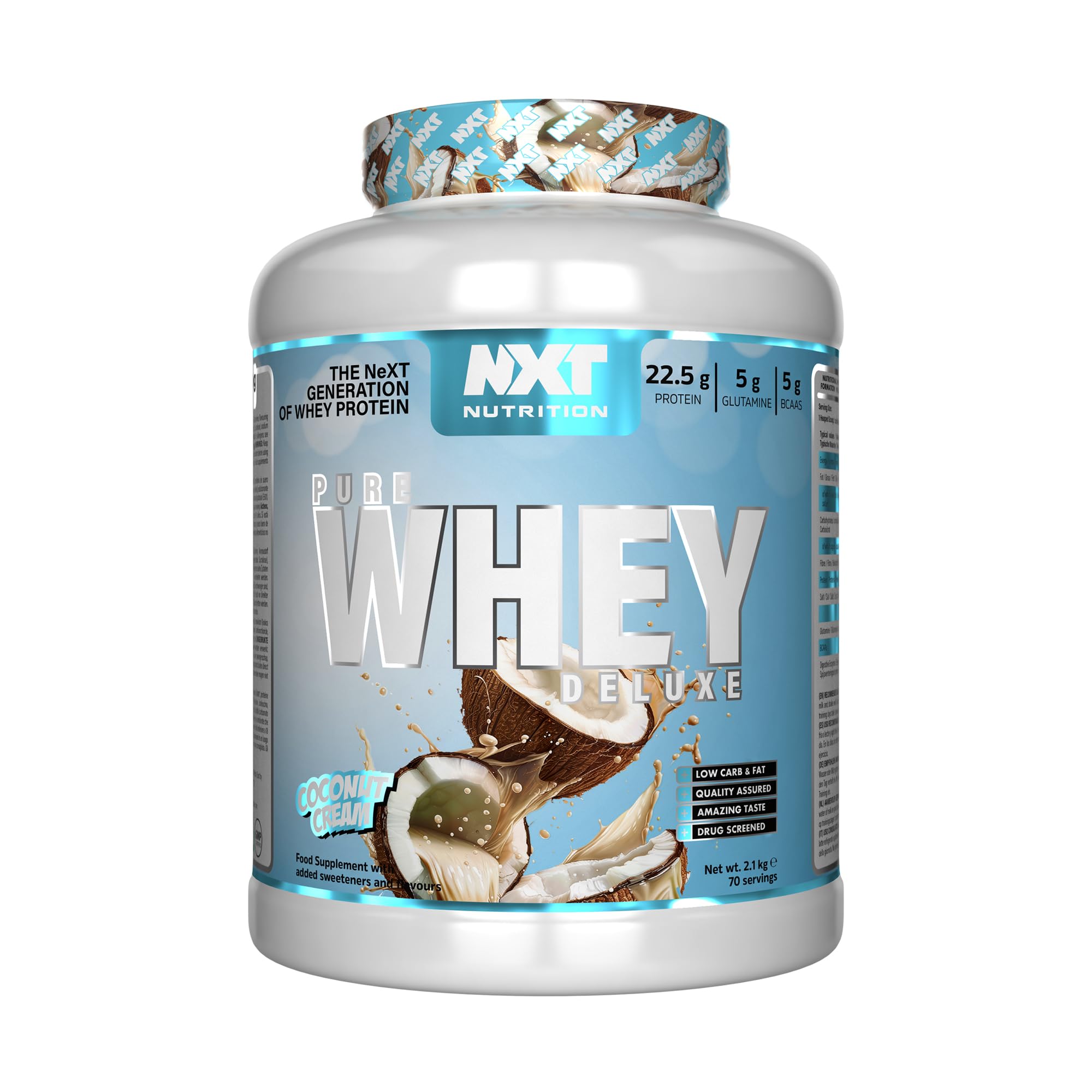 NXT Nutrition Pure Whey Deluxe 2.1kg | Whey Protein | Muscle Growth and Recovery | 70 Servings | 5g Glutamine | 5g BCAA | Coconut Cream