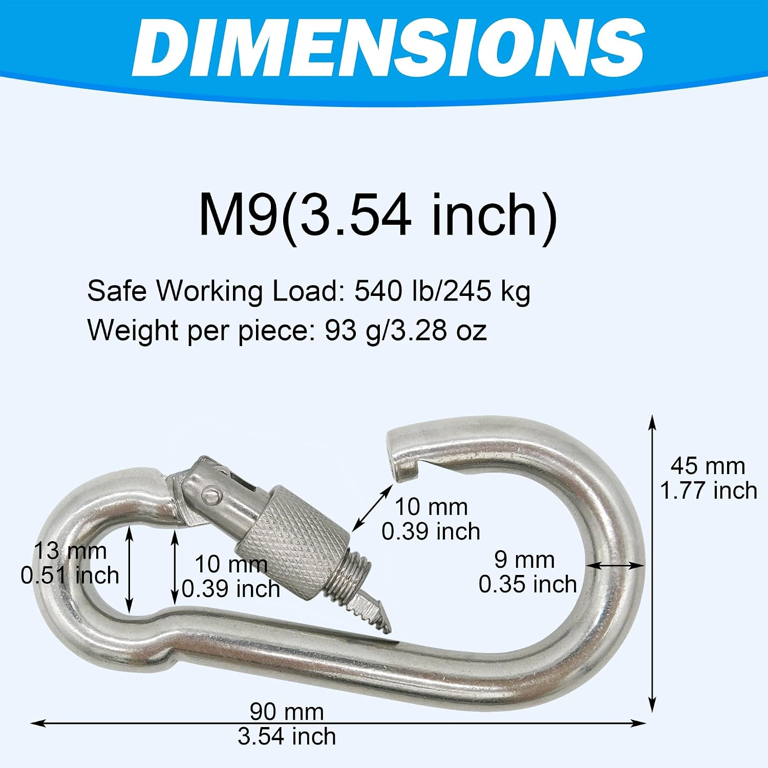 304 Stainless Steel Carabiners-2pcs 3.54 inch Heavy Duty, Durable & Rust-Free Clips for Gym, Swing, Dog Leashes, Hammocks, Keychains, and More(M9-3.54Inch 2-Pack) image 3