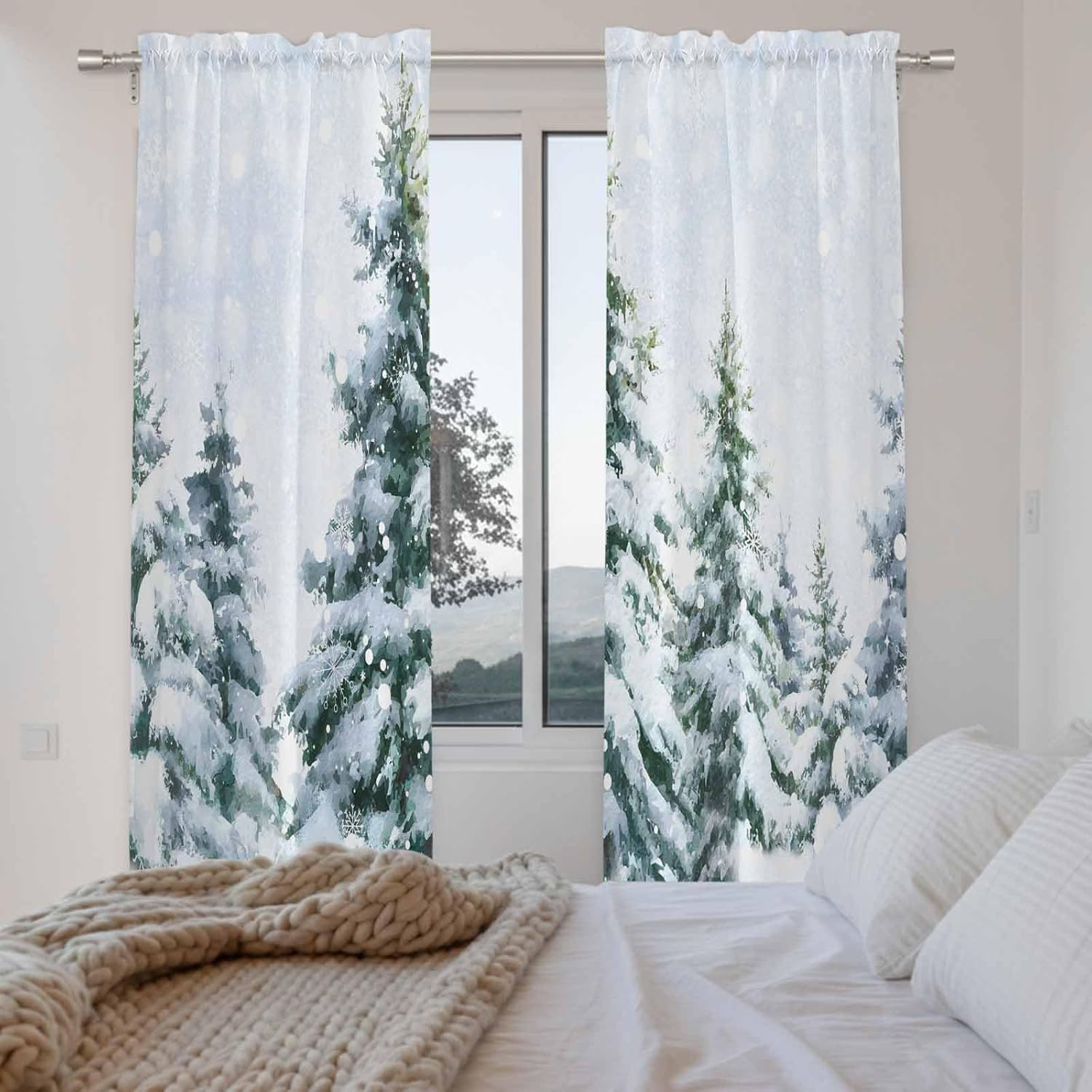 Christmas Tree Window Curtains 72 Inch Long 2 Panel Set, Rod Pocket Long Curtains & Drapes, Snowflake Winter Farmhouse Xmas Tree Light Filtering Window Treatment for Bedroom Living Room 52"W x 72"L