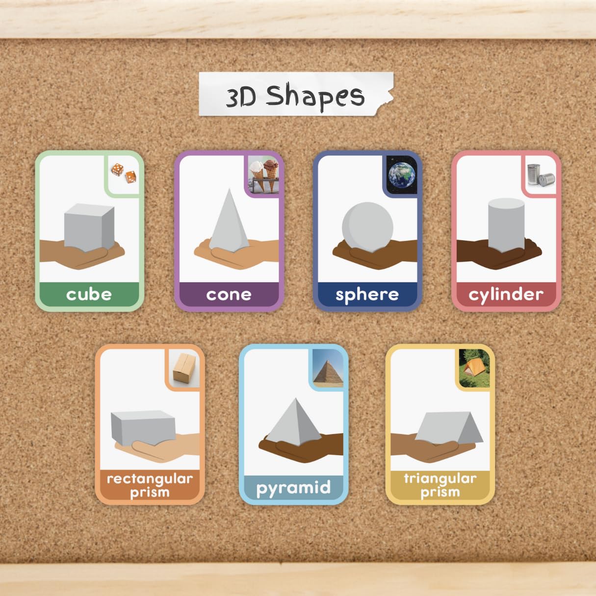 ABSee Me 3D Shape Bulletin Board Set - 7 PCS Reversible Shape Flash Cards Manipulatives for Kindergarten - 3D Shapes for Kids Wall Decor Math Poster - 3 Dimensional Shapes Math Posters for Classroom - Image 9