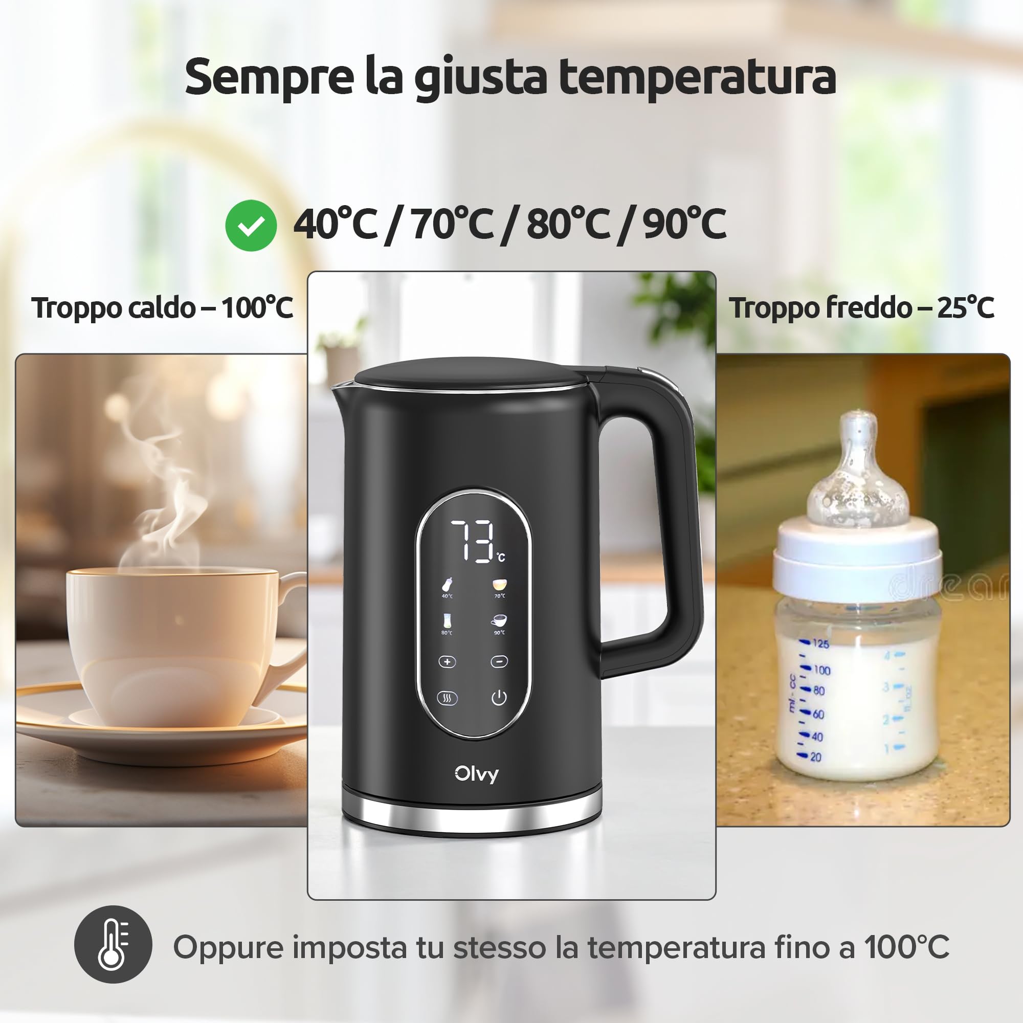 Olvy Bollitore elettrico da 1,7L senza fili, controllo della temperatura e funzione di mantenimento in caldo, doppia parete in acciaio inox Cool-Touch, filtro anticalcare – kettle elettrico 2200W