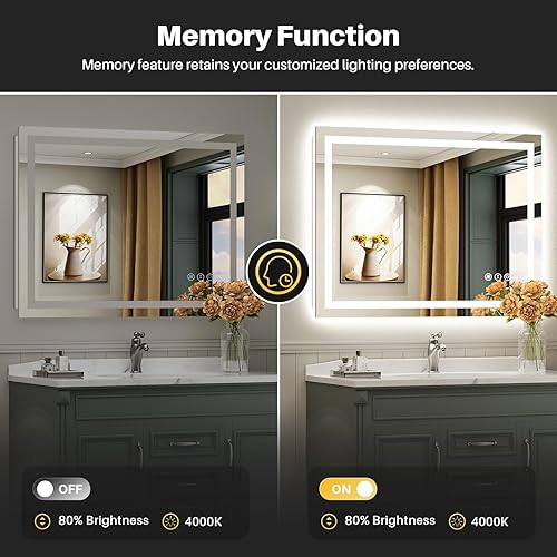 Miniatura 6 de Espejo de baño LED de 40 x 32 pulgadas con luces, retroiluminado y frontal iluminado, espejo de tocador de baño con luz antiniebla para pared,