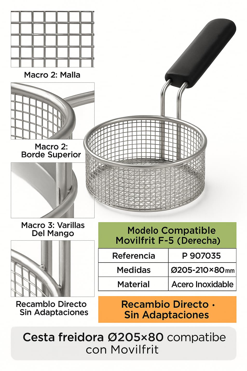 CubetasGastronorm Cesta Derecha Freidora Compatible Movilfrit F-5 Acero Inoxidable Ø205x80 mm Profesional Hostelería Mango Aislante Estructura Reforzada Código P 907035