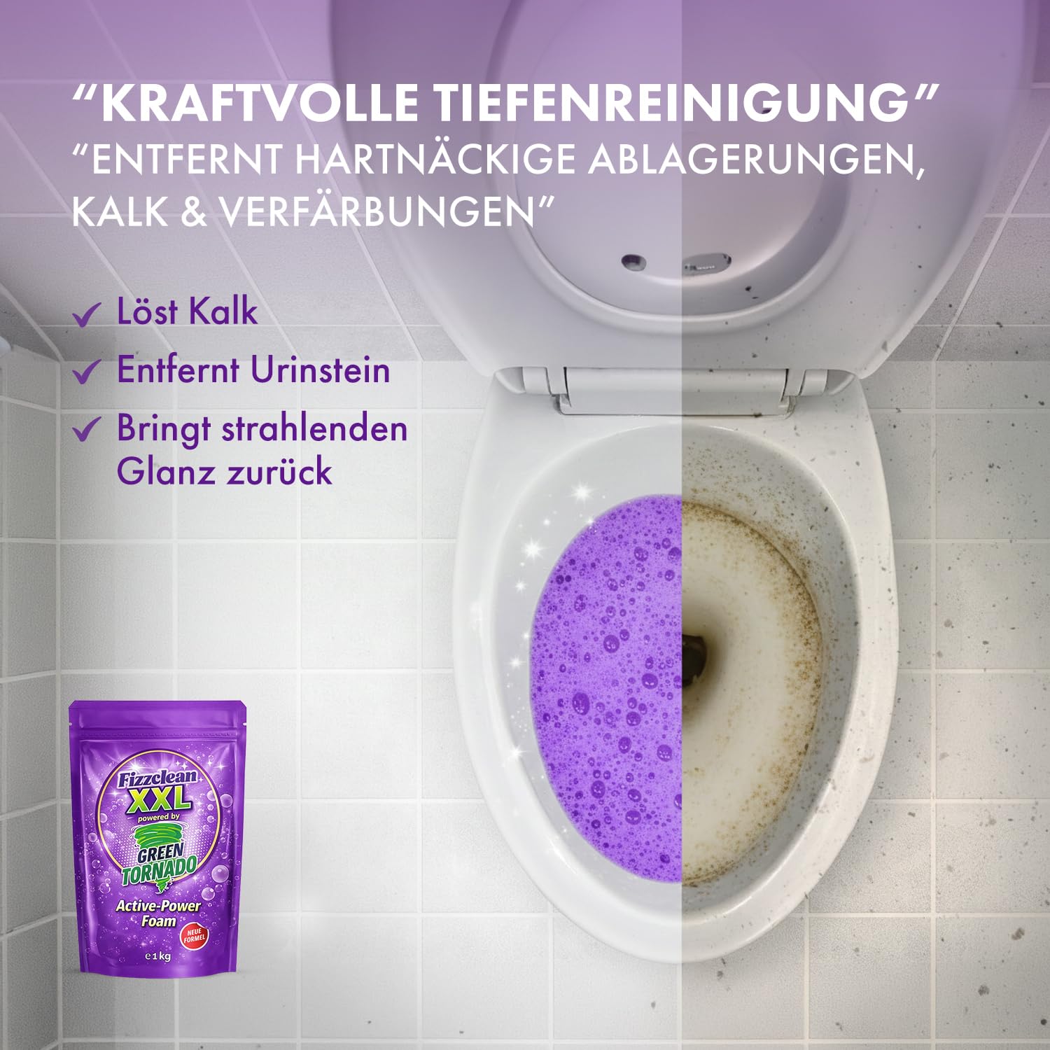 Fizzclean WC-Reiniger | Toilettenreiniger Extrem Stark – WC-Reiniger Schaum gegen Urinstein, Kalk & Ablagerungen | WC-Schaumreiniger | Alternative zu WC-Reiniger Gel & Tabs | Inhalt: 1 kg WC-Pulver