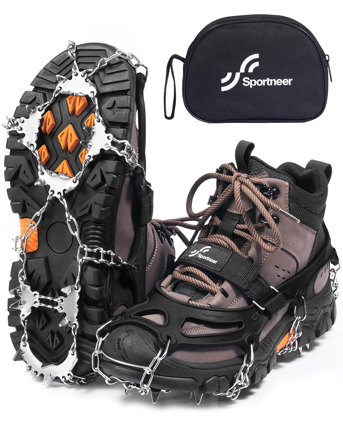 Sportneer Ramponi per Scarponi, 28 Punte Ramponi da Ghiaccio a trazione 201 Inox Copertura Antiscivolo per Scarpe da Neve, Protezione sicura per Camminare, Jogging, Pesca