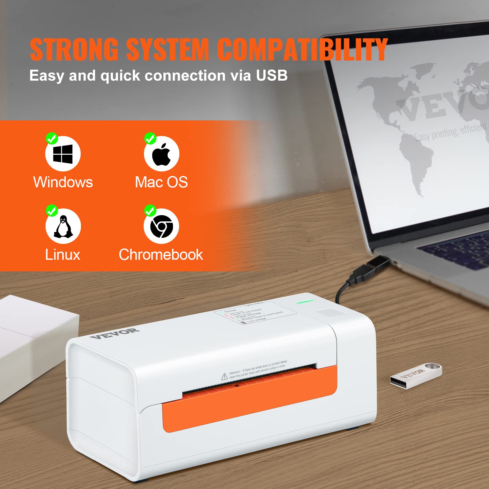 VEVOR Termiczna drukarka etykiet, drukarka etykiet wysyłkowych 10 cm x 15 cm, połączenie USB i automatyczne rozpoznawanie etykiet, obsługa Windows/MacOS/Linux, kompatybilna z Amazon, Ebay, Etsy, UPS, itp