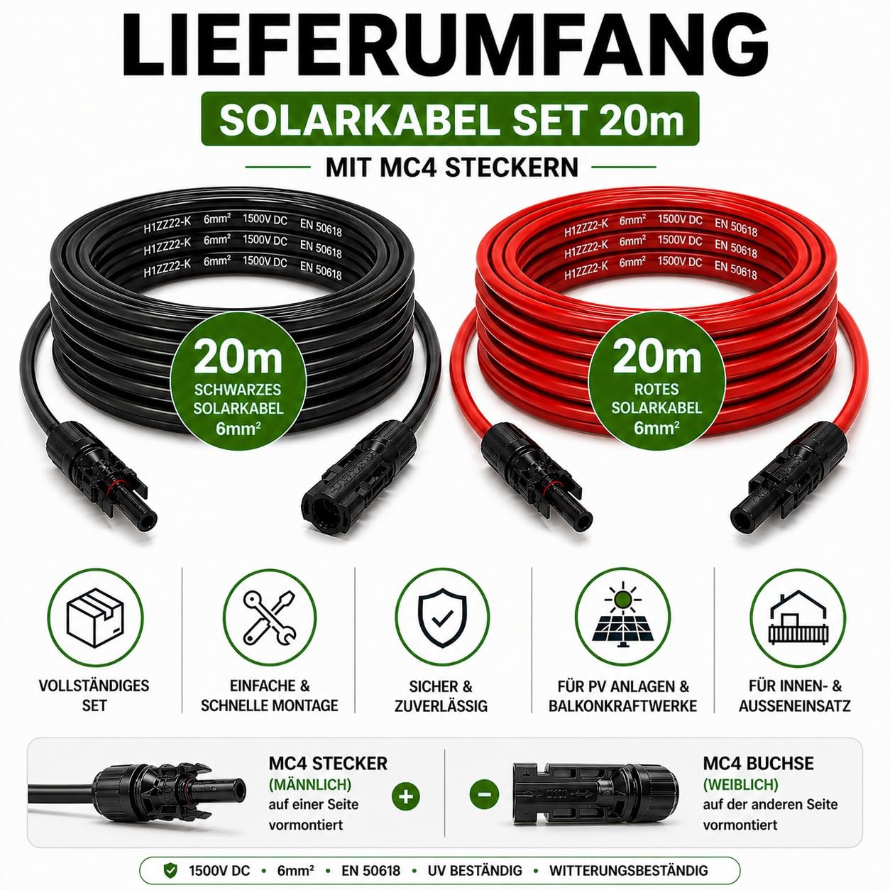 35Fahrenheit Juego de cables solares H1Z2Z2-K 6mm² | Cable de extensión 2x20m con toma solar | Cable fotovoltaico rojo/negro en ambos lados con enchufe para sistema solar fotovoltaico