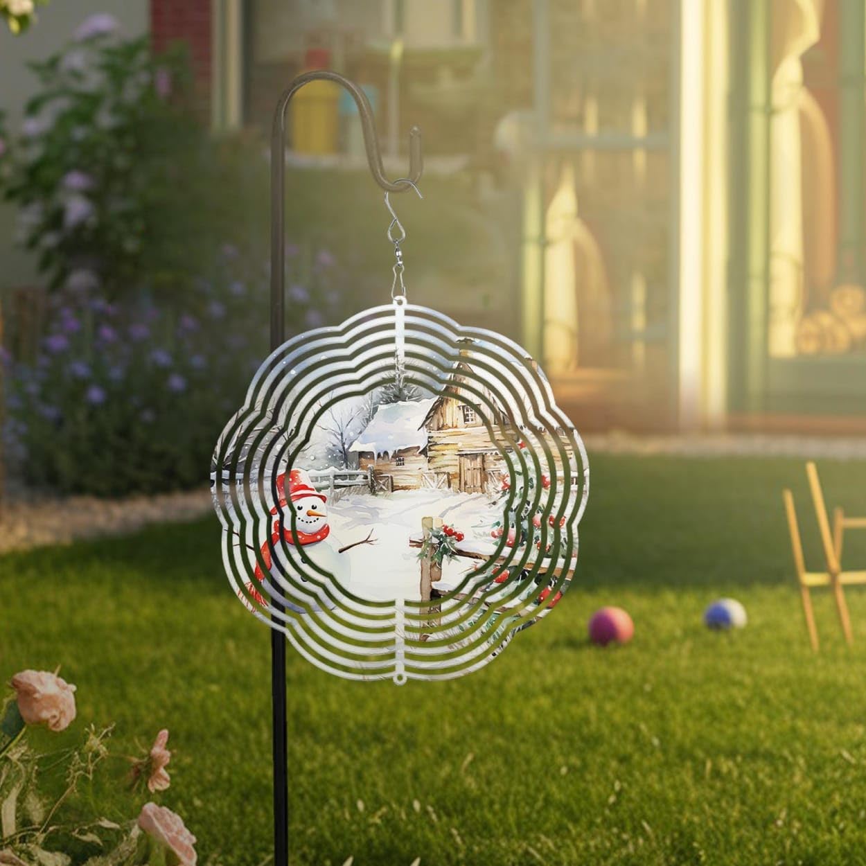 Snowman with Farmhouse Christmas Wind Spinners 3D Stainless Steel Laser Cut Metal Double Sided Printing-Hanging Indoor/Outdoor Decorations Yard Gardening Decor,Metal Kinetic Art 16x16 inches