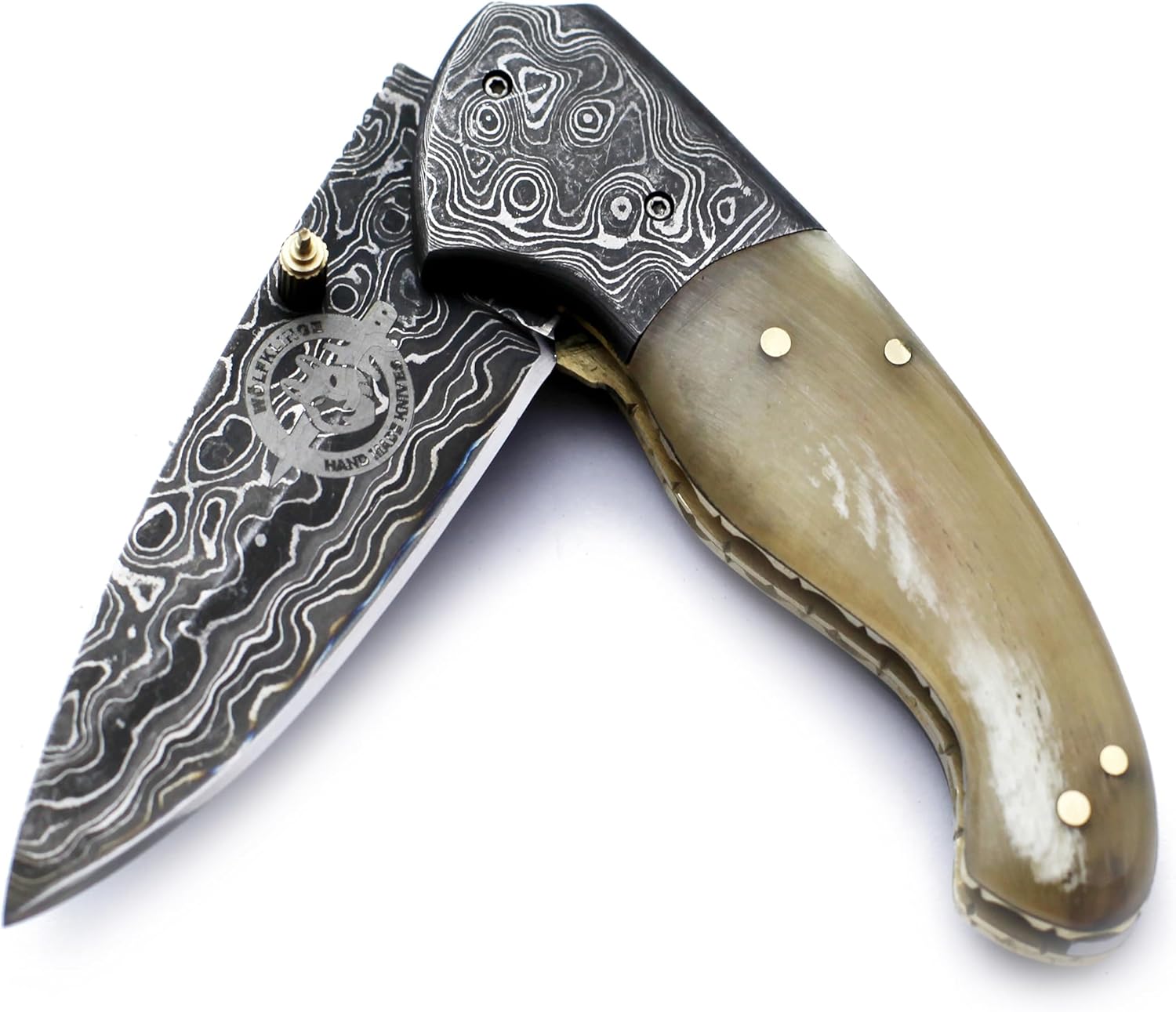 WÖLFKLINGE Damascus Handmade Folding Pocket Knife – The Ultimate EDC for Hunting, Survival, Camping, and Fishing with Full Tang Bone Handle and Premium Cowhide Leather Sheath.-WFD-2545